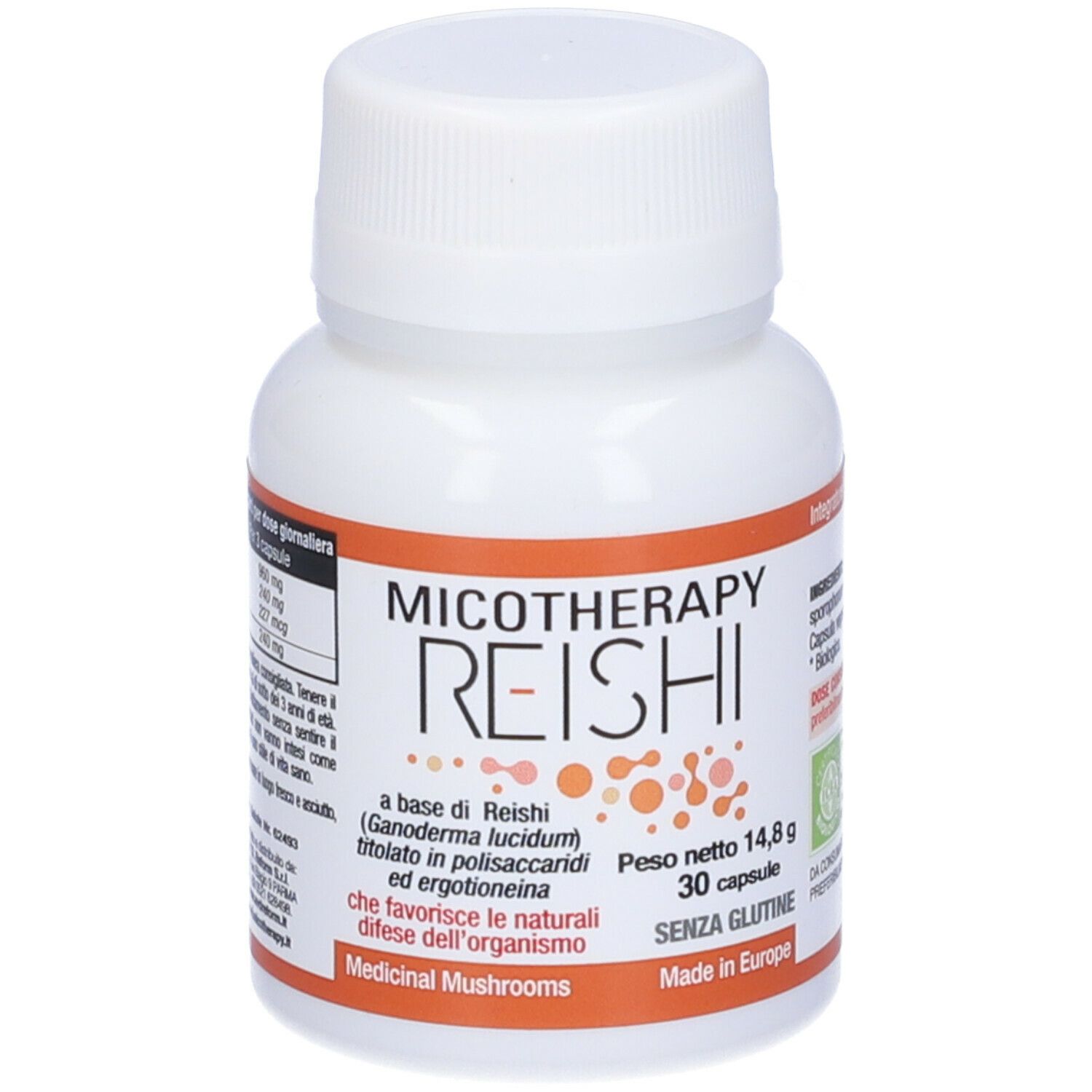 Flacone bianco di capsule. Scritta: Micotherapy Reishi, 30 capsule, senza glutine. Accenti arancioni. Sigillo bio.