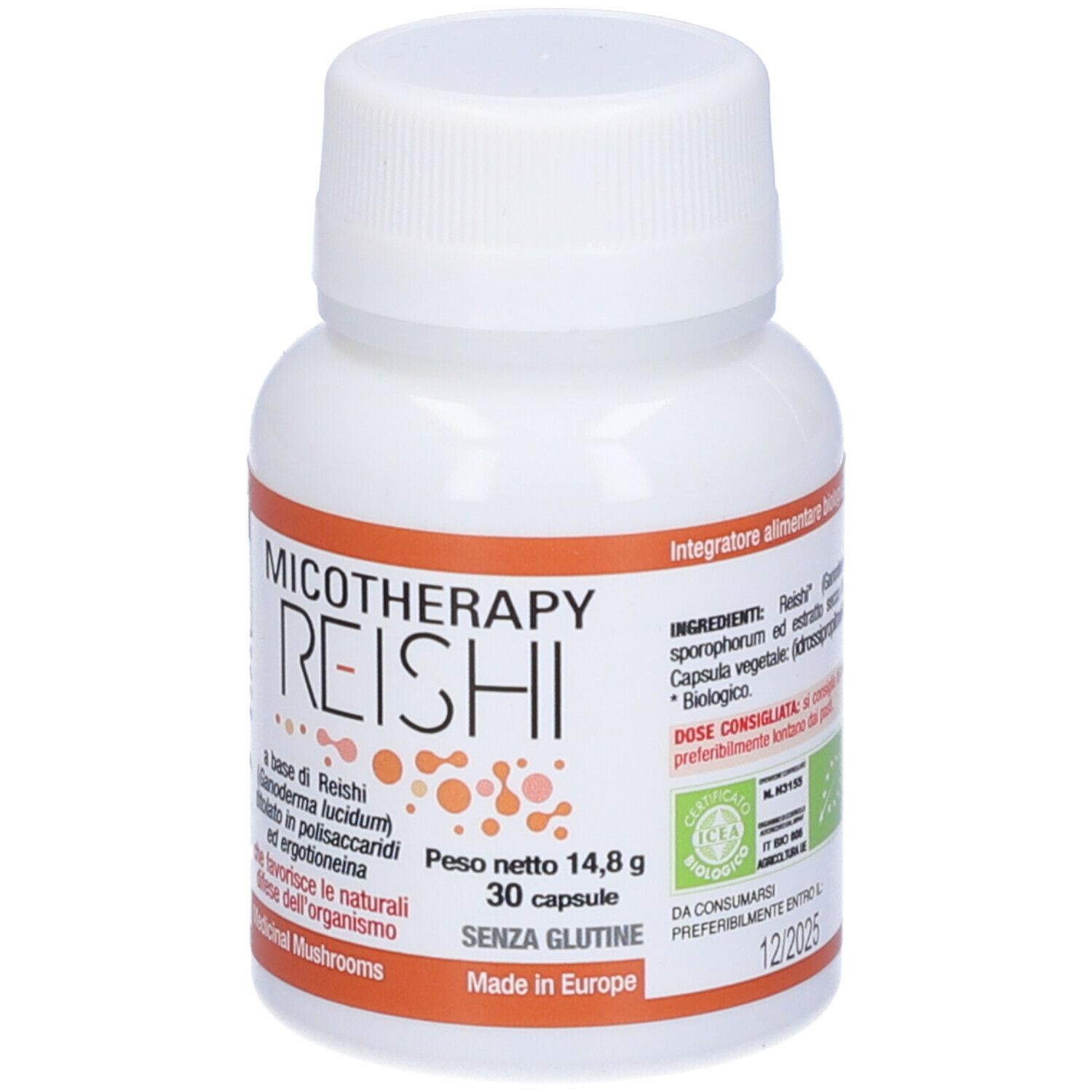 Flacone bianco di capsule. Scritta: Micotherapy Reishi, 30 capsule, senza glutine. Accenti arancioni. Sigillo bio.