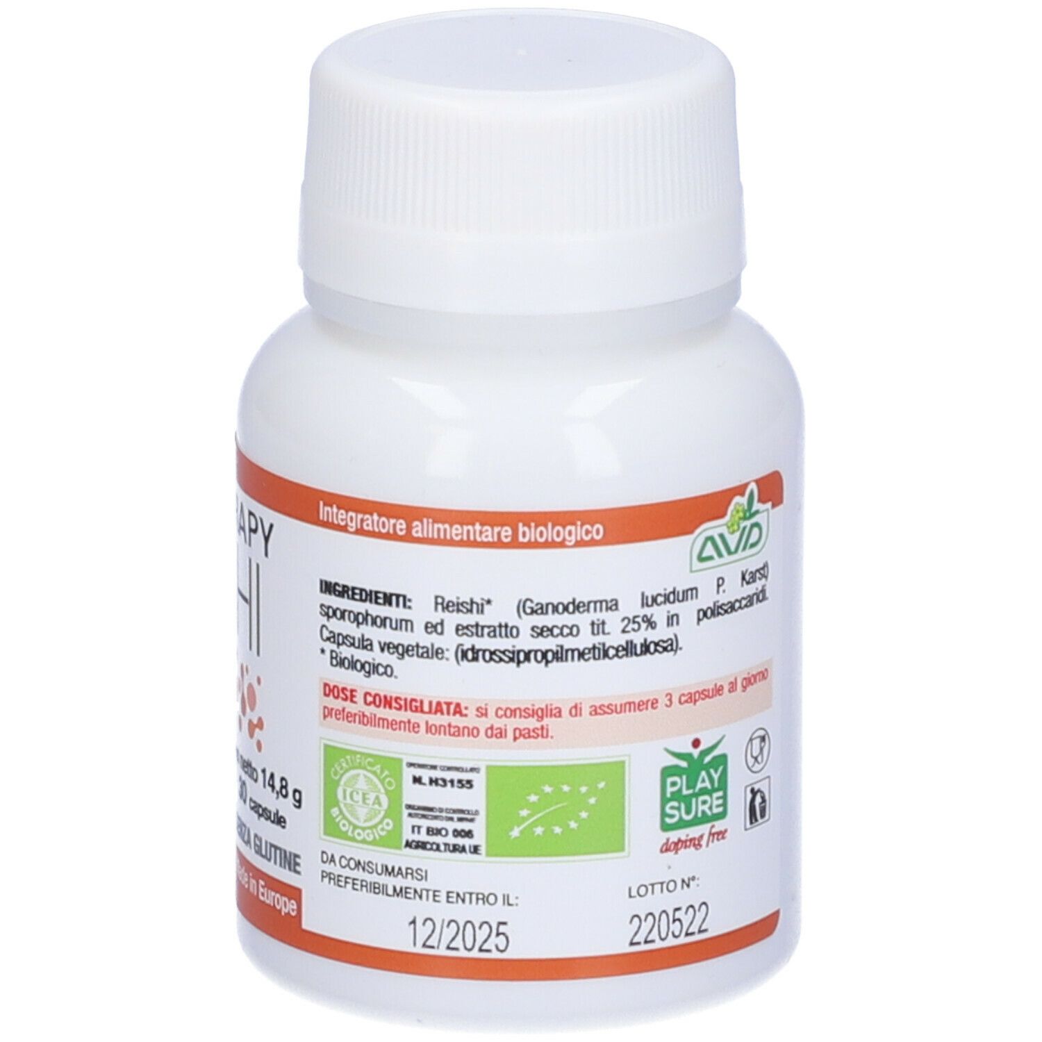 Flacone bianco di capsule. Scritta: Micotherapy Reishi, 30 capsule, senza glutine. Accenti arancioni. Sigillo bio.