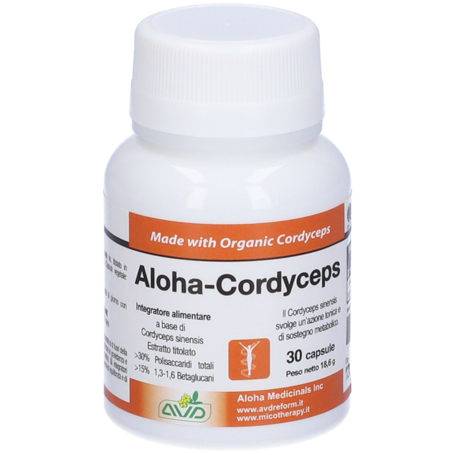 Flacone bianco con etichetta Aloha-Cordyceps. Contiene 30 capsule. Scritta: Made with Organic Cordyceps.