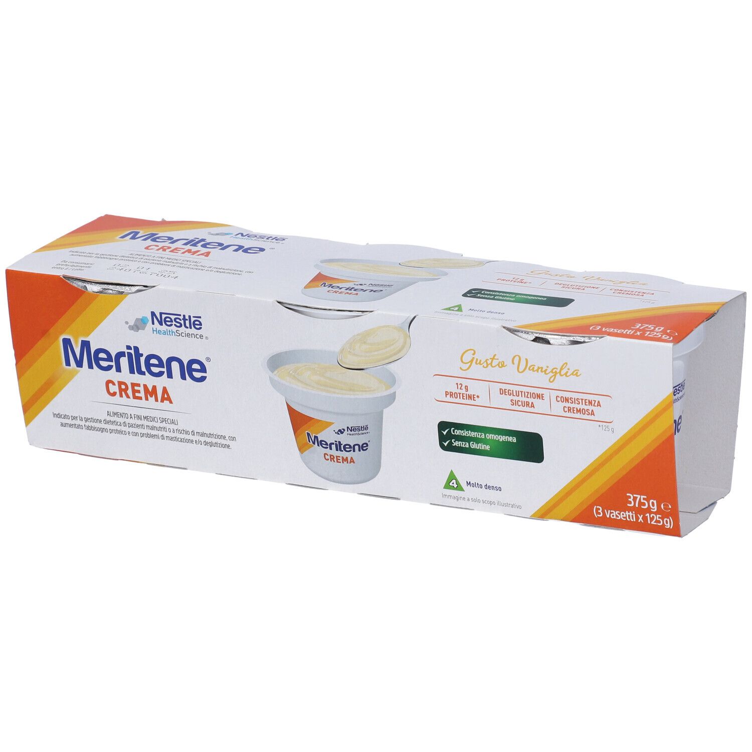 Nestlé Meritene Crema Vaniglia, confezione da 3 vasetti. Scritto: 11g proteine, senza zuccheri aggiunti, consistenza cremosa.