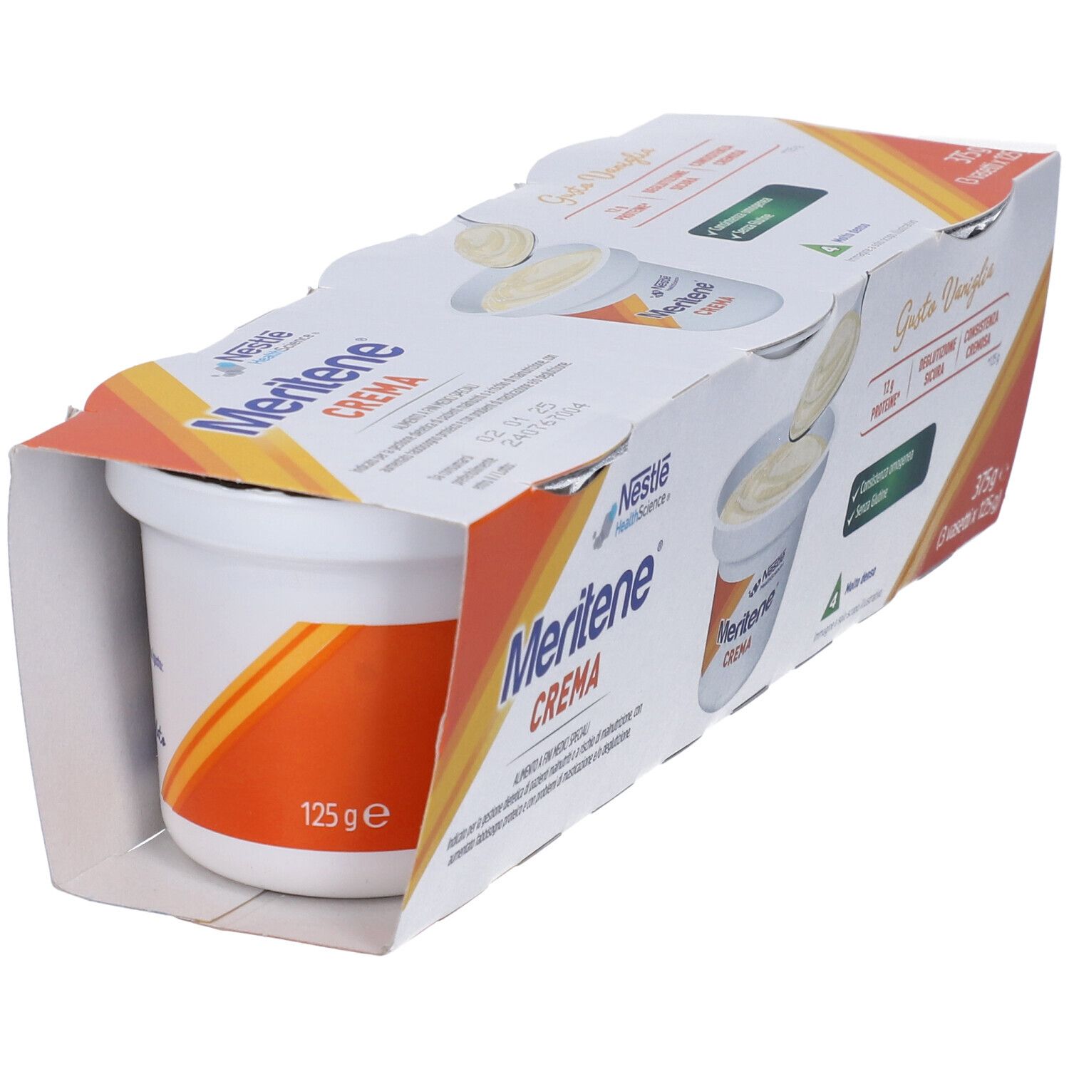 Nestlé Meritene Crema Vaniglia, confezione da 3 vasetti. Un vasetto visibile. Scritto: 125g, senza zuccheri aggiunti.