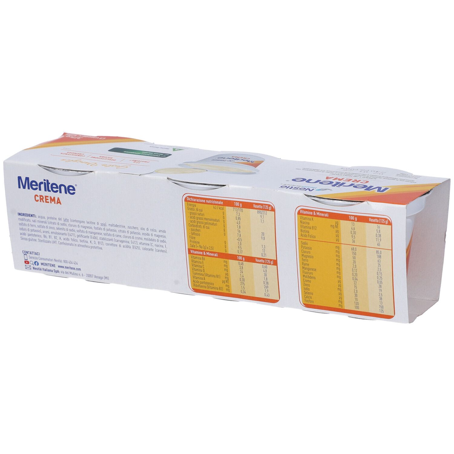 Nestlé Meritene Crema Vaniglia, confezione con informazioni nutrizionali. Scritto: Meritene Crema, ingredienti, valori nutrizionali.