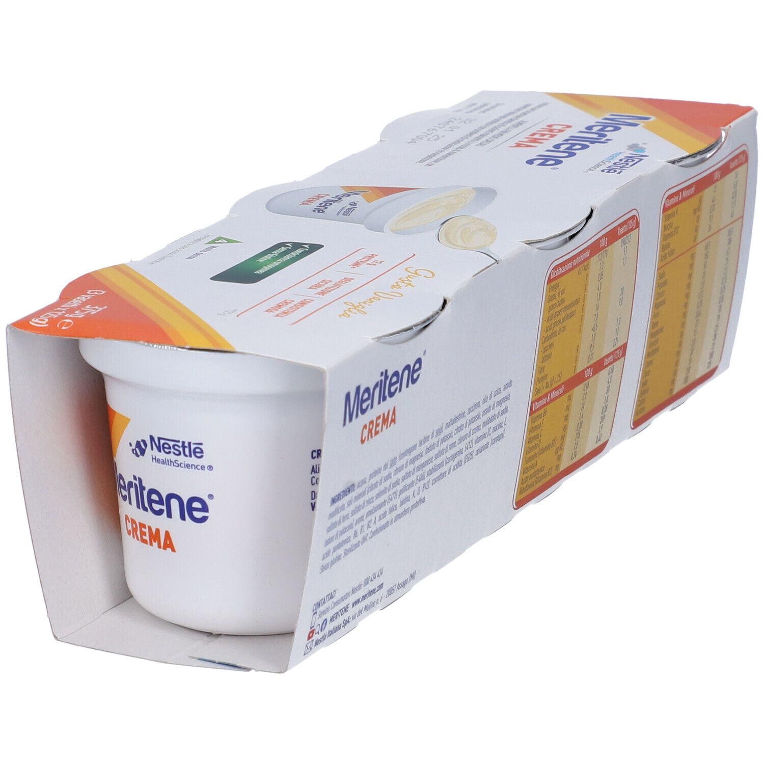 Nestlé Meritene Crema Vaniglia, confezione da 3 vasetti. Un vasetto visibile. Scritto: Meritene Crema.