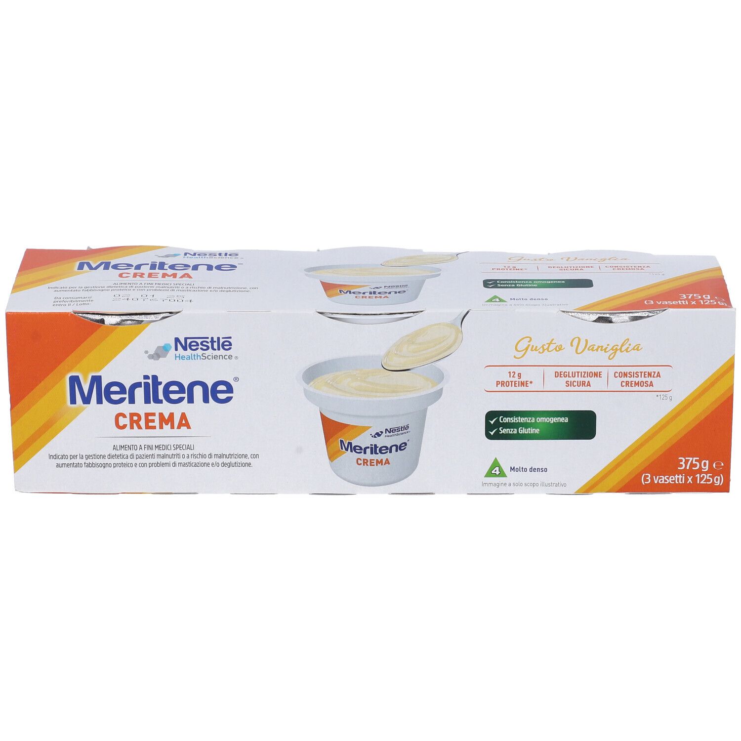 Nestlé Meritene Crema Vaniglia, confezione da 3 vasetti. Scritto: 11g proteine, senza zuccheri aggiunti, consistenza cremosa.