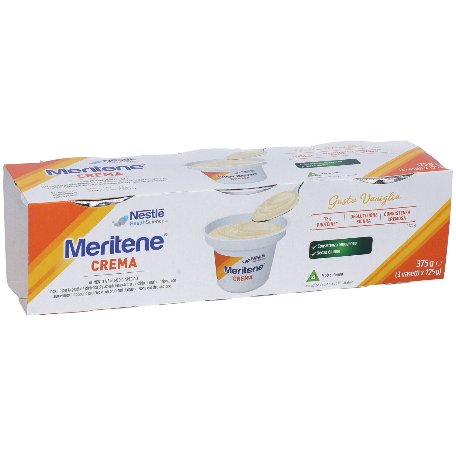 Nestlé Meritene Crema Vaniglia, confezione da 3 vasetti. Scritto: 11g proteine, senza zuccheri aggiunti, consistenza cremosa.