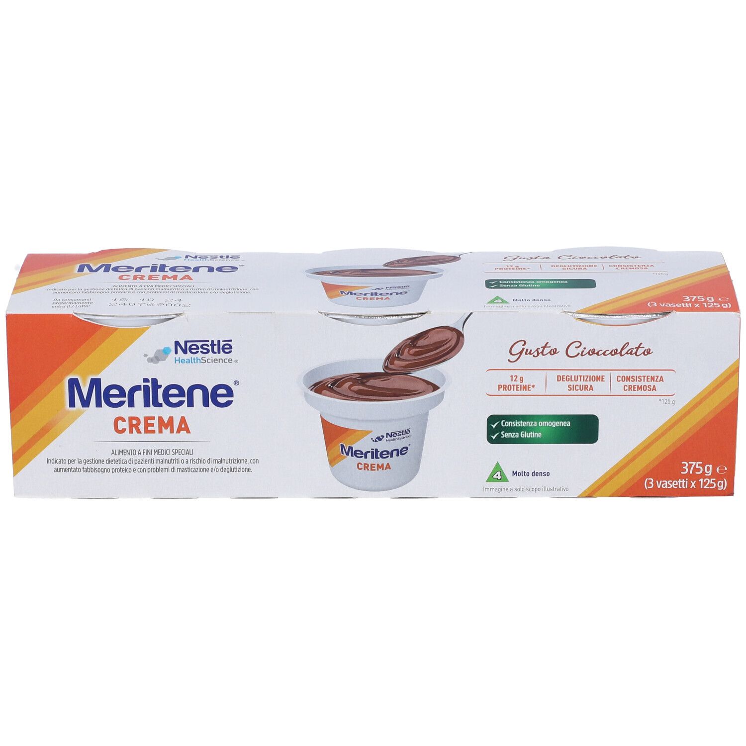 Confezione di sei vasetti Meritene Crema, gusto cioccolato. Logo Nestle Health Science. 375g.