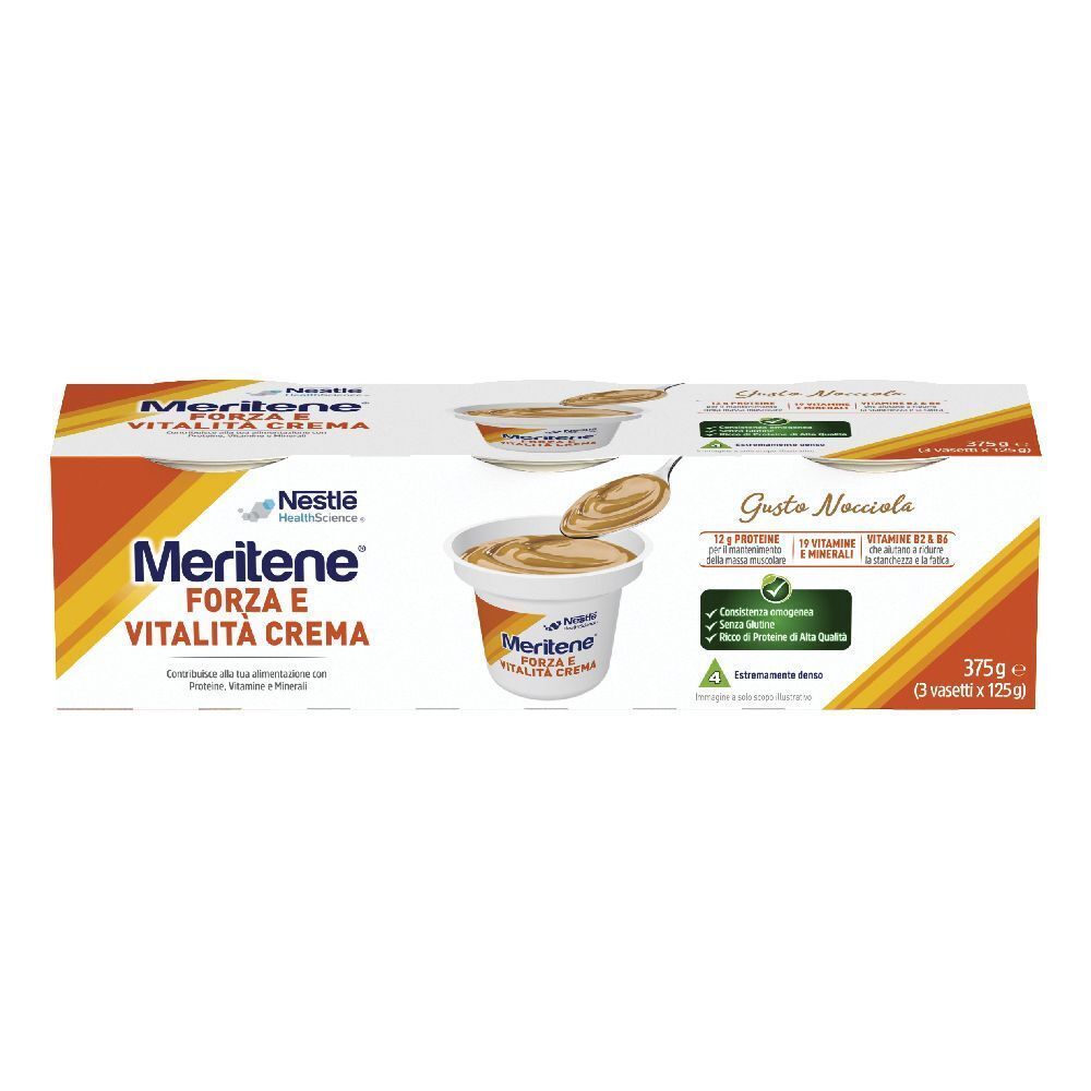 Confezione di Nestle Meritene Crema, 375g, con 3 vasetti. Scritto: "Forza e Vitalità Crema". Gusto: Nocciola.