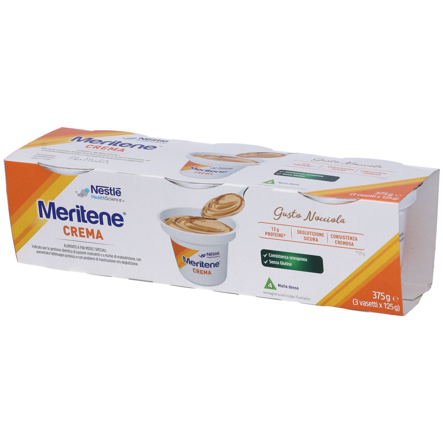 Confezione di Nestle Meritene Crema, 375g, con 3 vasetti. Scritto: "Crema". Gusto: Nocciola. Senza glutine.