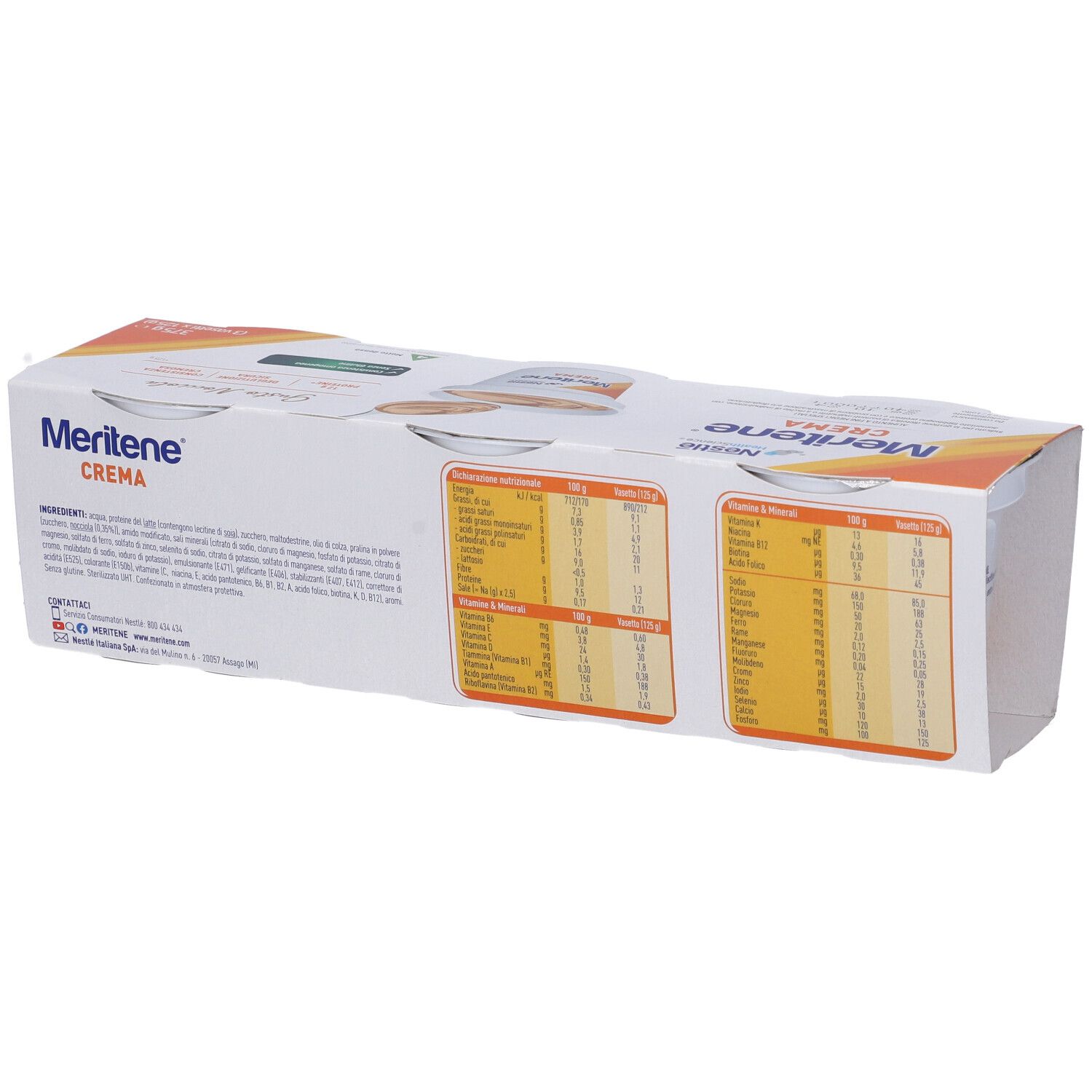 Retro della confezione Nestle Meritene Crema. Contiene informazioni nutrizionali e lista ingredienti.
