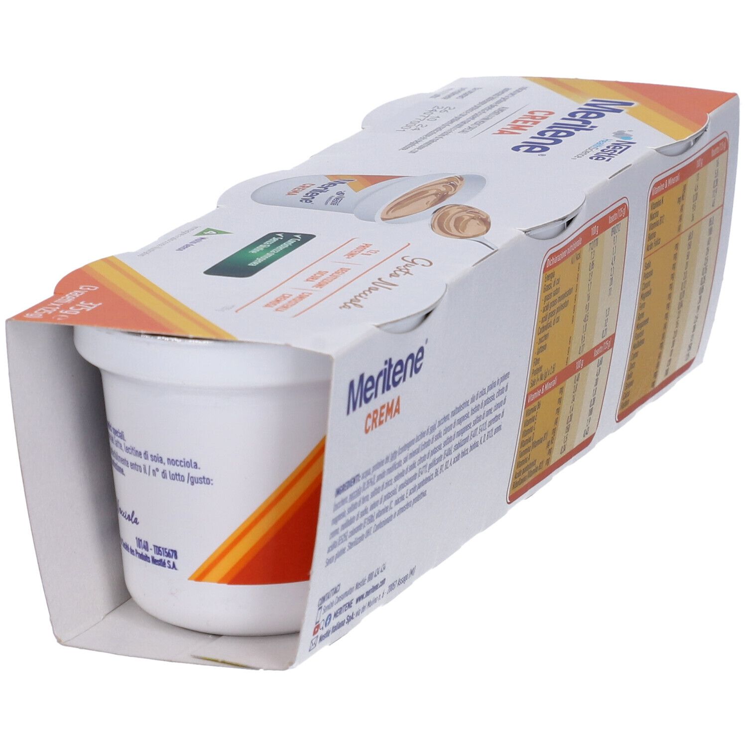 Confezione di Nestle Meritene Crema, 375g, con 3 vasetti. Scritto: "Crema". Gusto: Nocciola. Vista laterale.