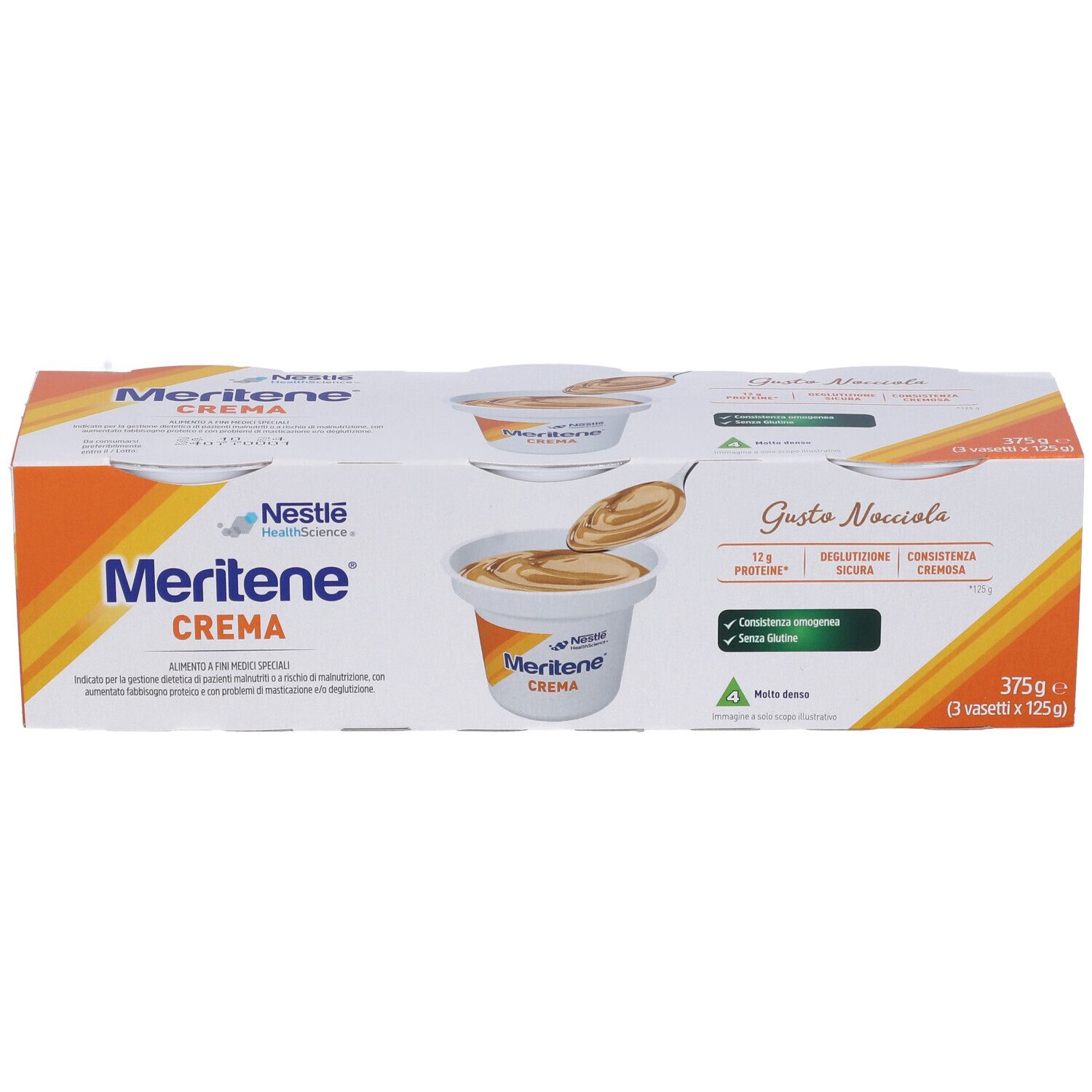 Confezione di Nestle Meritene Crema, 375g, con 3 vasetti. Scritto: "Crema". Gusto: Nocciola. Senza glutine.