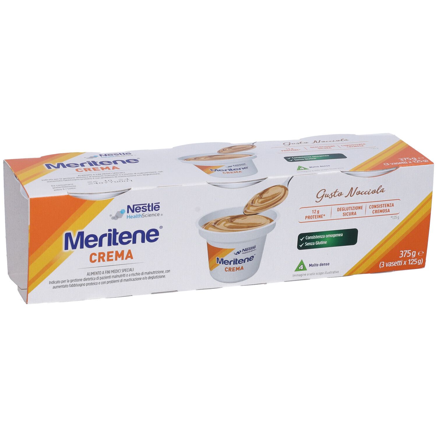 Confezione di Nestle Meritene Crema, 375g, con 3 vasetti. Scritto: "Crema". Gusto: Nocciola. Senza glutine.