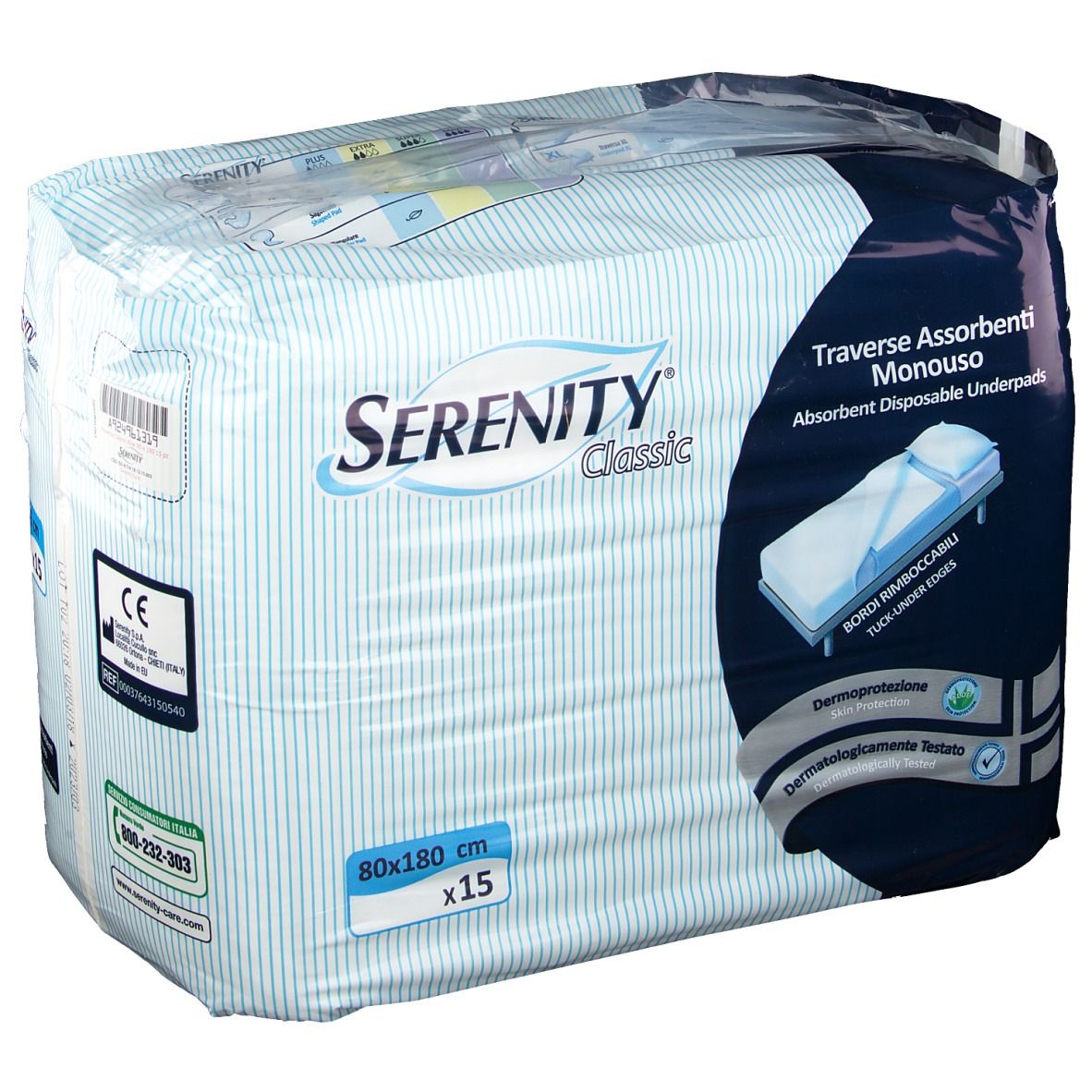 Confezione di traverse Serenity Classic. Dimensioni 80x180cm, 15 pezzi. Scritte: marchio CE, dermatologicamente testato.