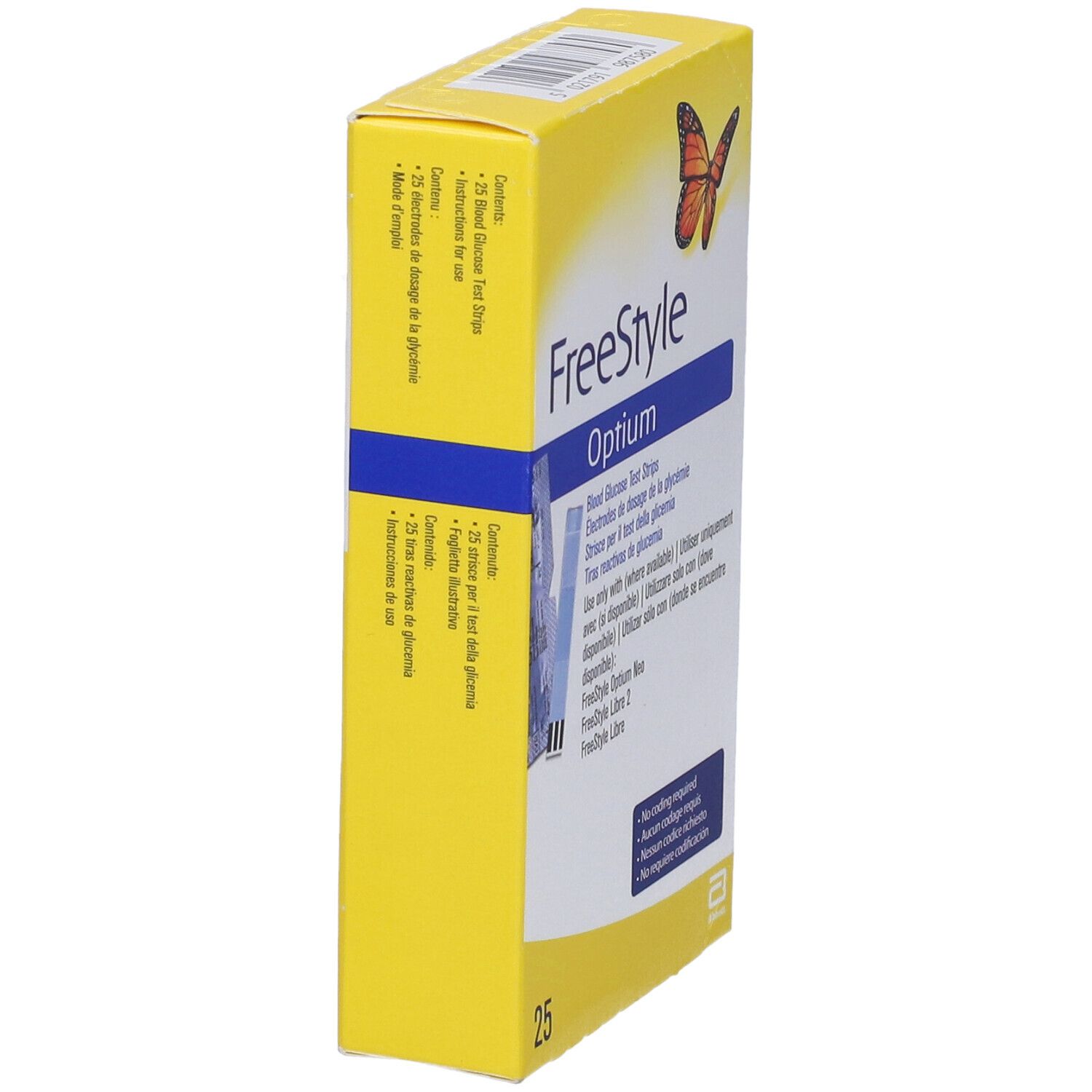 Packung mit 25 Teststreifen für Freestyle Optium Blutzuckermessgerät.