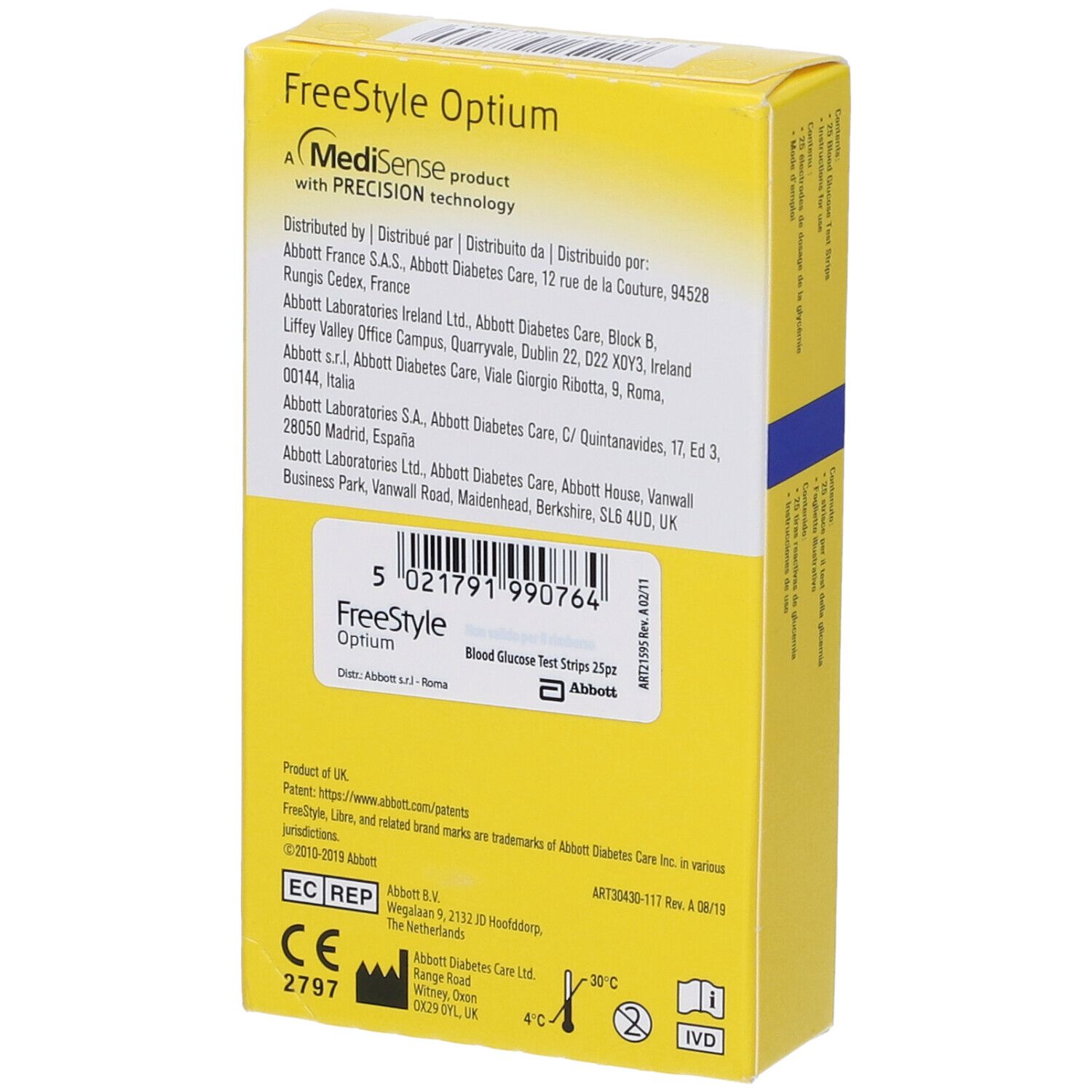 Packung mit 25 Teststreifen für Freestyle Optium Blutzuckermessgerät.
