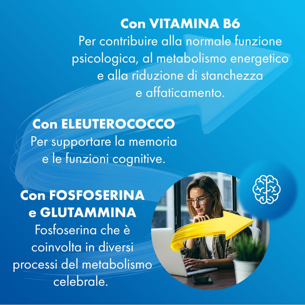 Sustenium Memo Fosforo-Packung. Blaue Schachtel mit gelbem Pfeil und Produktnamen. Enthält 10 Fläschchen.