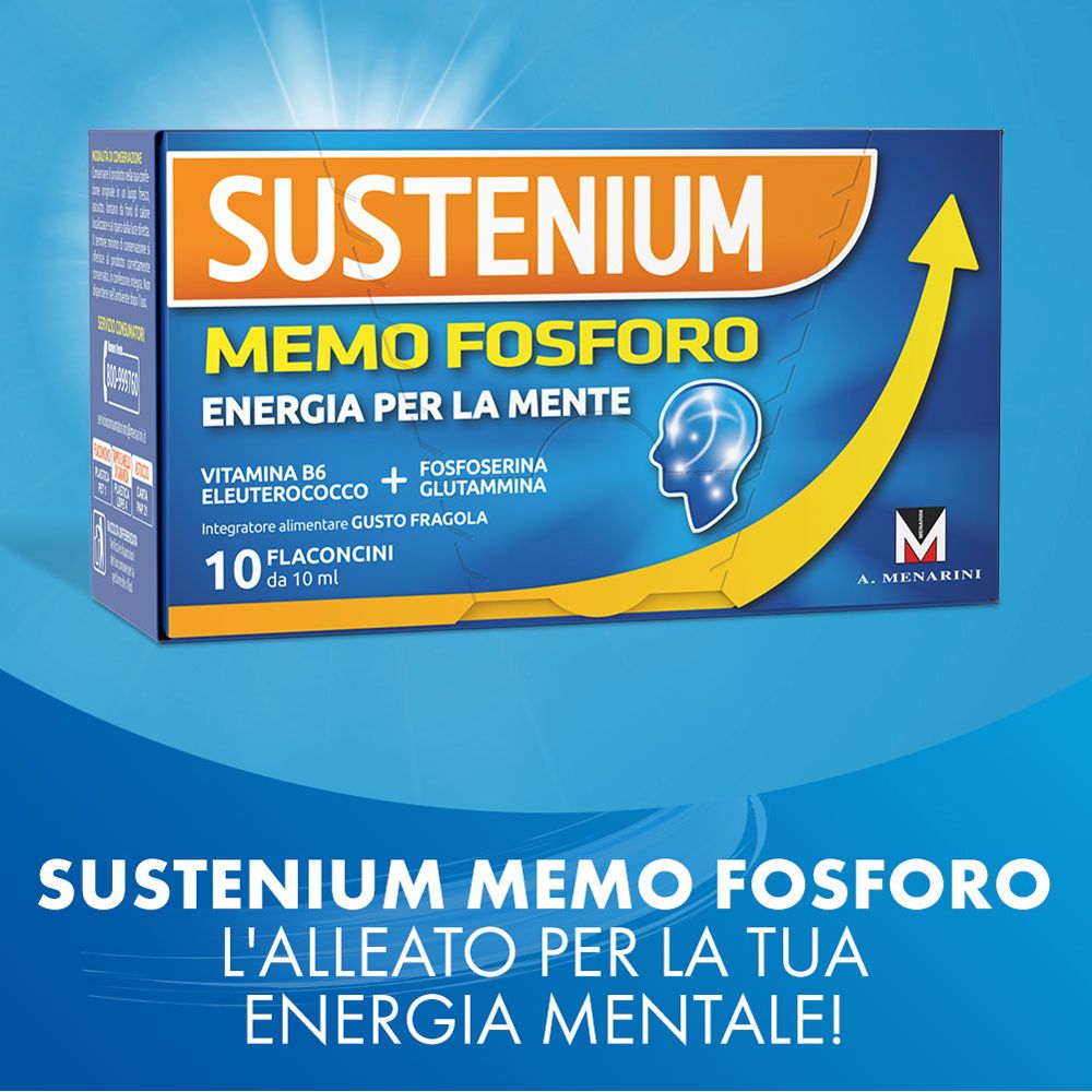 Sustenium Memo Fosforo-Packung. Blaue Schachtel mit gelbem Pfeil und Produktnamen. Enthält 10 Fläschchen.
