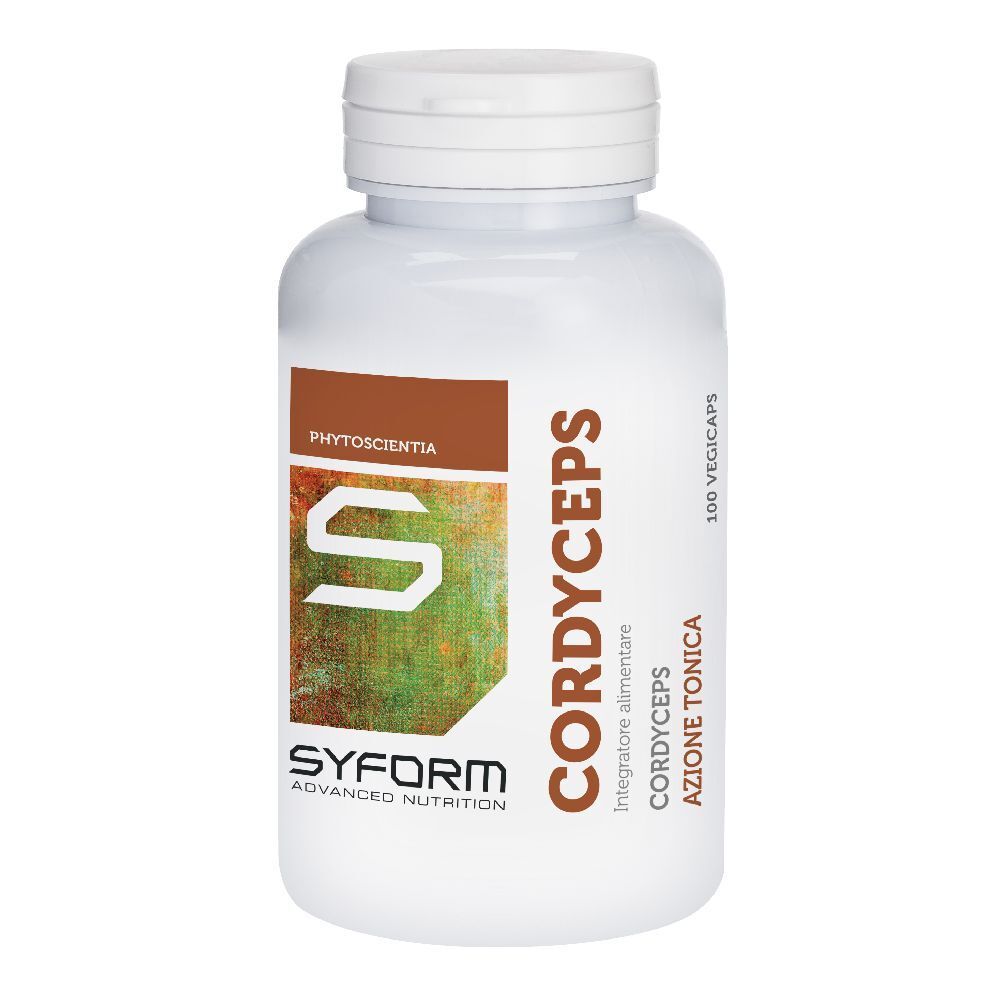 Flacone bianco di capsule di Cordyceps. Scritta: Cordyceps, 100 Vegicaps. Marchio: Syform.