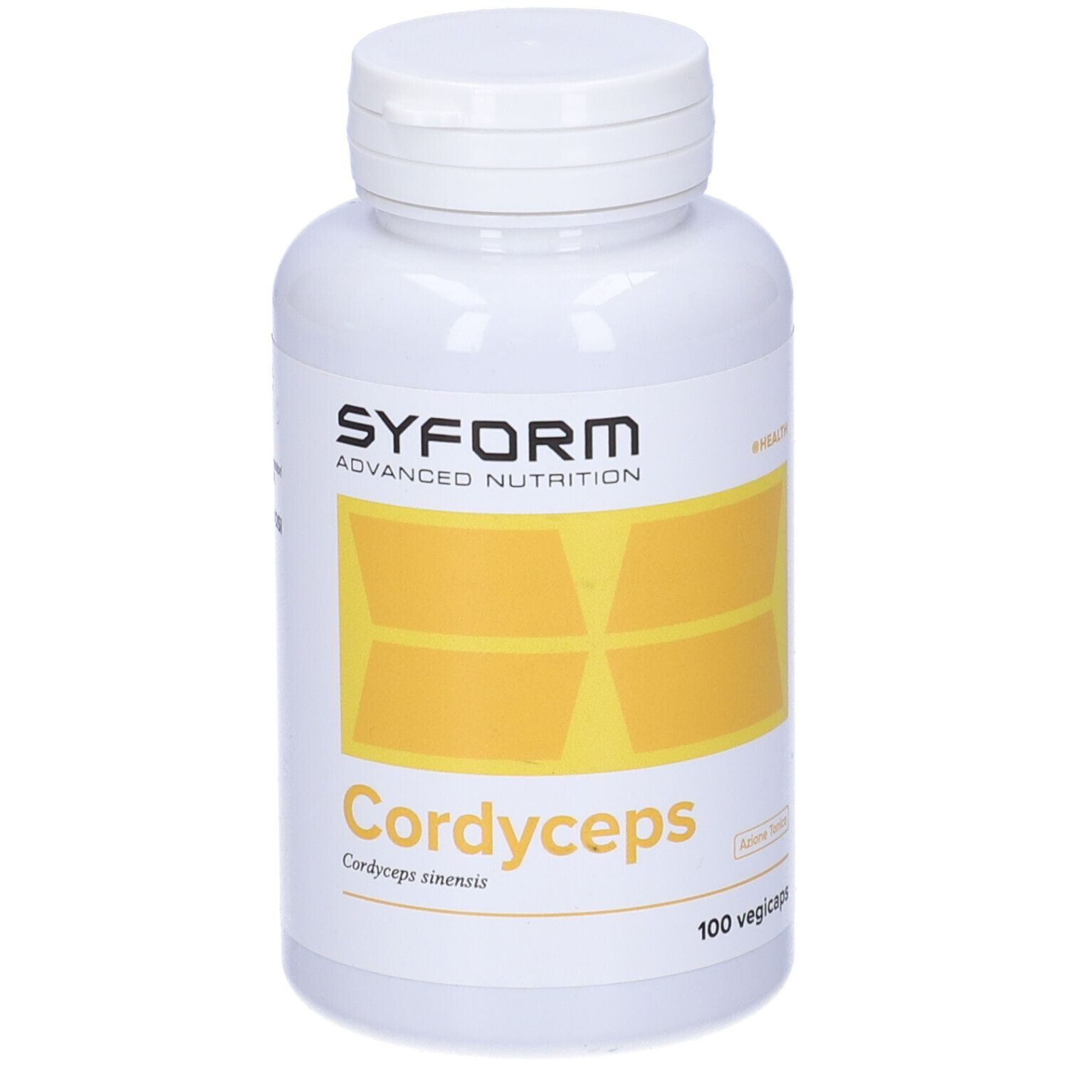 Flacone bianco di capsule di Cordyceps. Scritta: Cordyceps, 100 Vegicaps. Marchio: Syform.