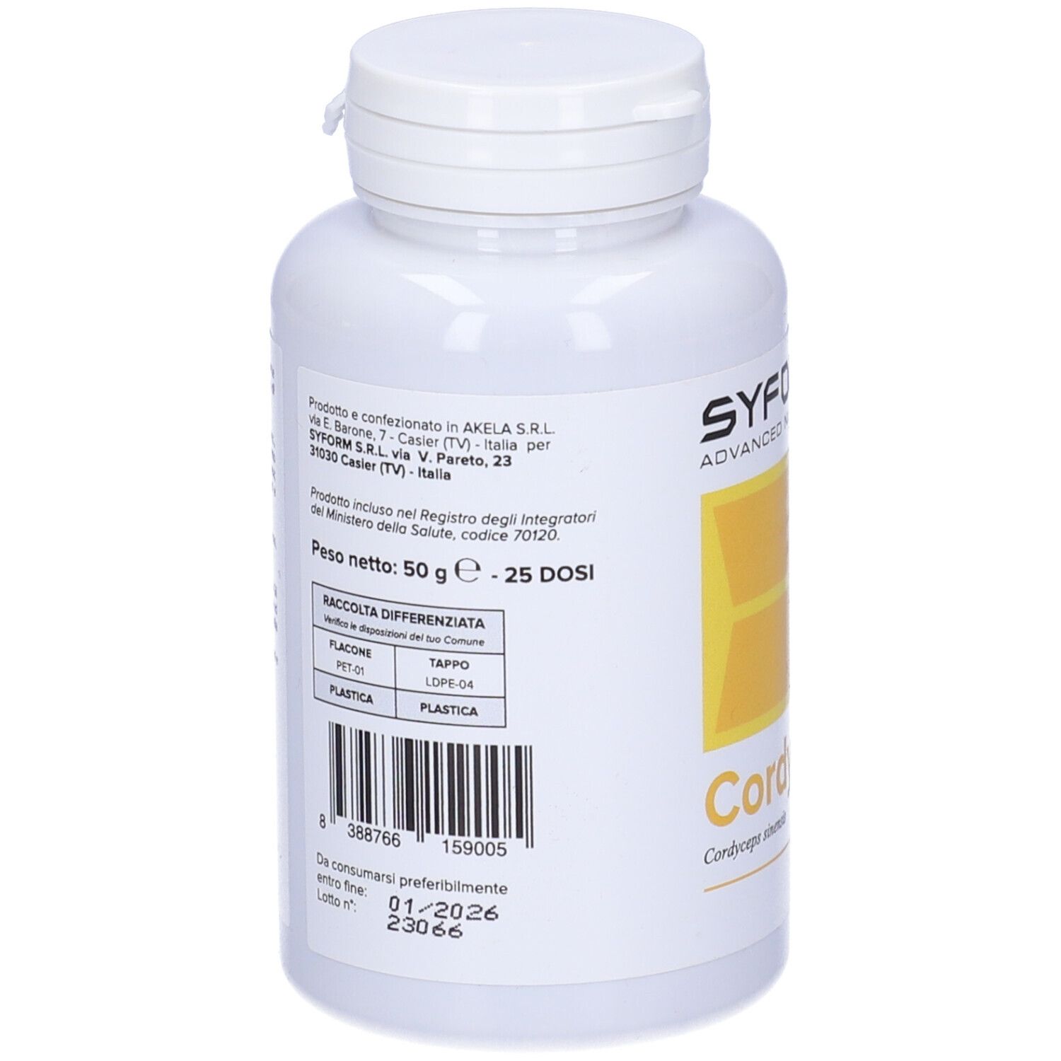 Retro del flacone bianco di capsule di Cordyceps. Informazioni sugli ingredienti e il dosaggio.
