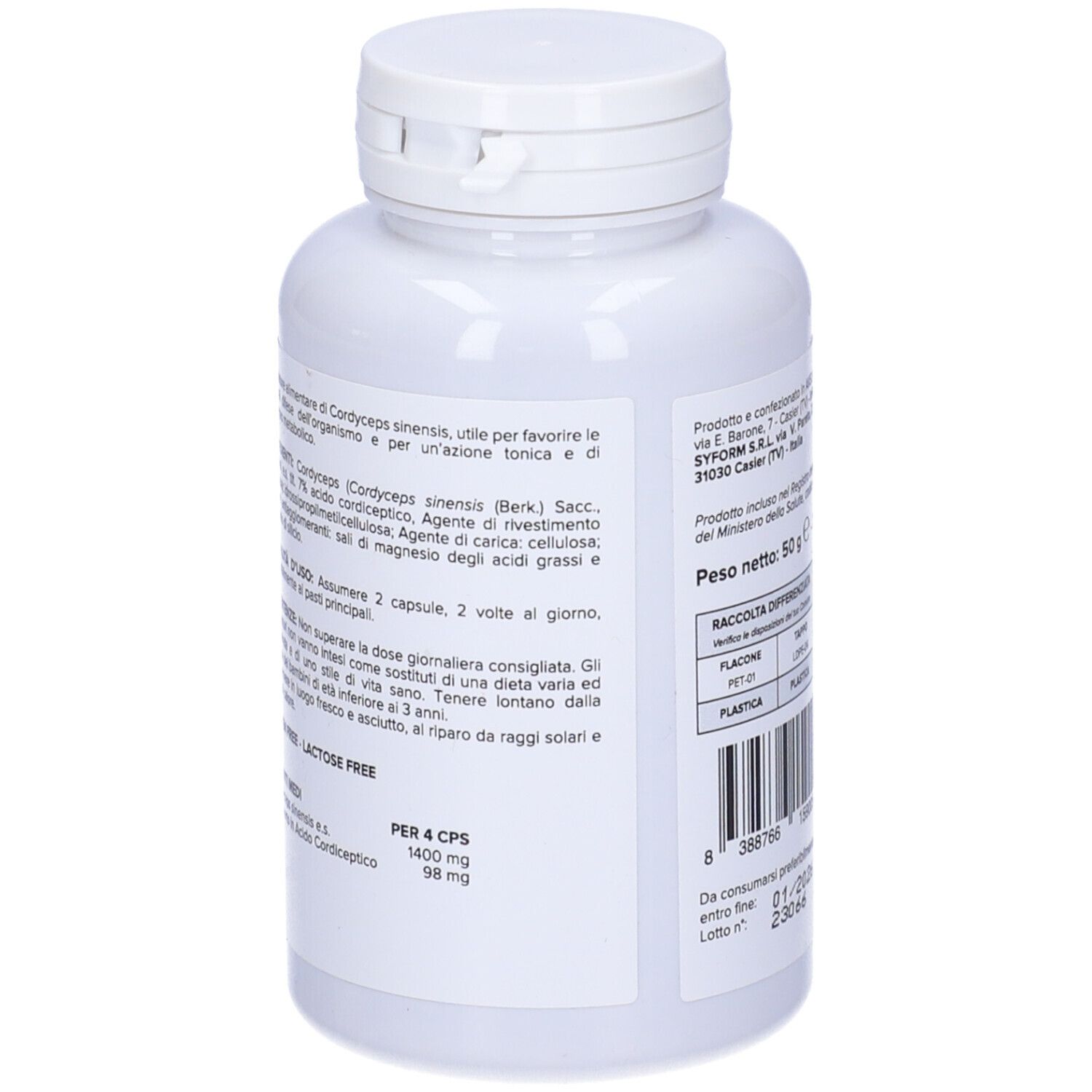 Retro del flacone bianco di capsule di Cordyceps. Informazioni sugli ingredienti e il dosaggio.