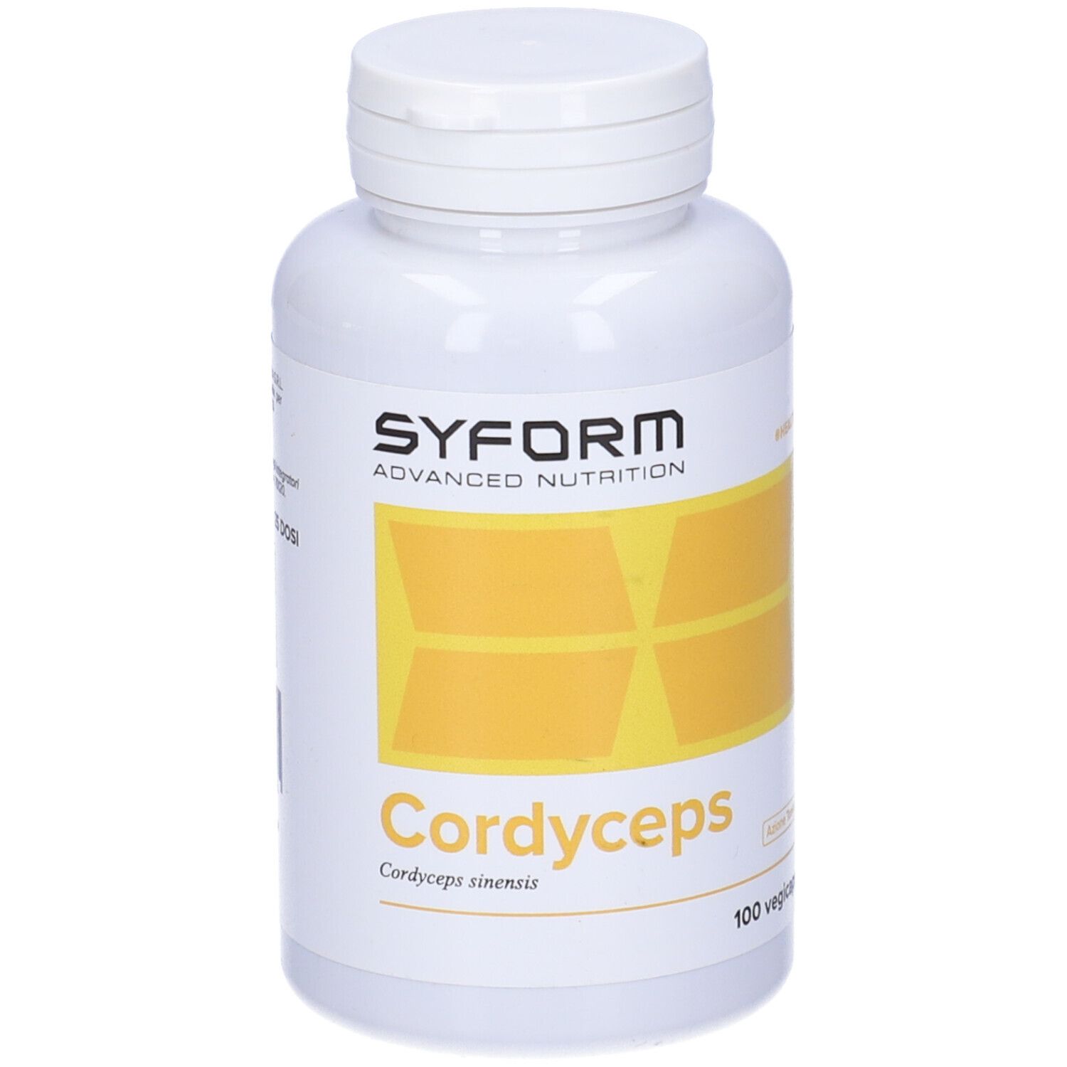 Flacone bianco di capsule di Cordyceps. Scritta: Cordyceps, 100 Vegicaps. Marchio: Syform.