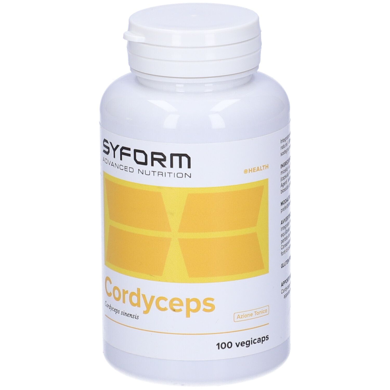 Flacone bianco di capsule di Cordyceps. Scritta: Cordyceps, 100 Vegicaps. Marchio: Syform.