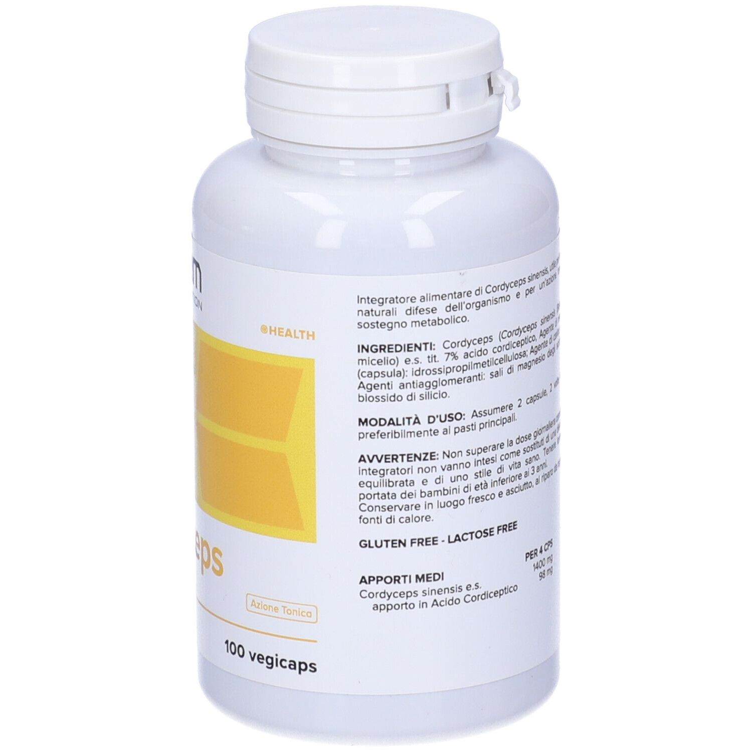 Retro del flacone bianco di capsule di Cordyceps. Informazioni sugli ingredienti e il dosaggio.