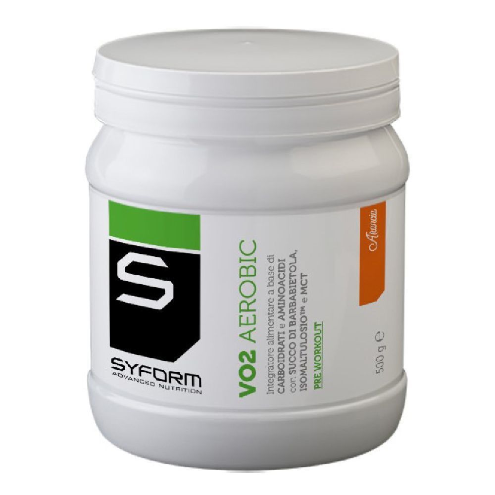 Barattolo bianco cilindrico con etichetta verde e nera. Scritta: VO2 Aerobic, Syform. Contiene 500 g.