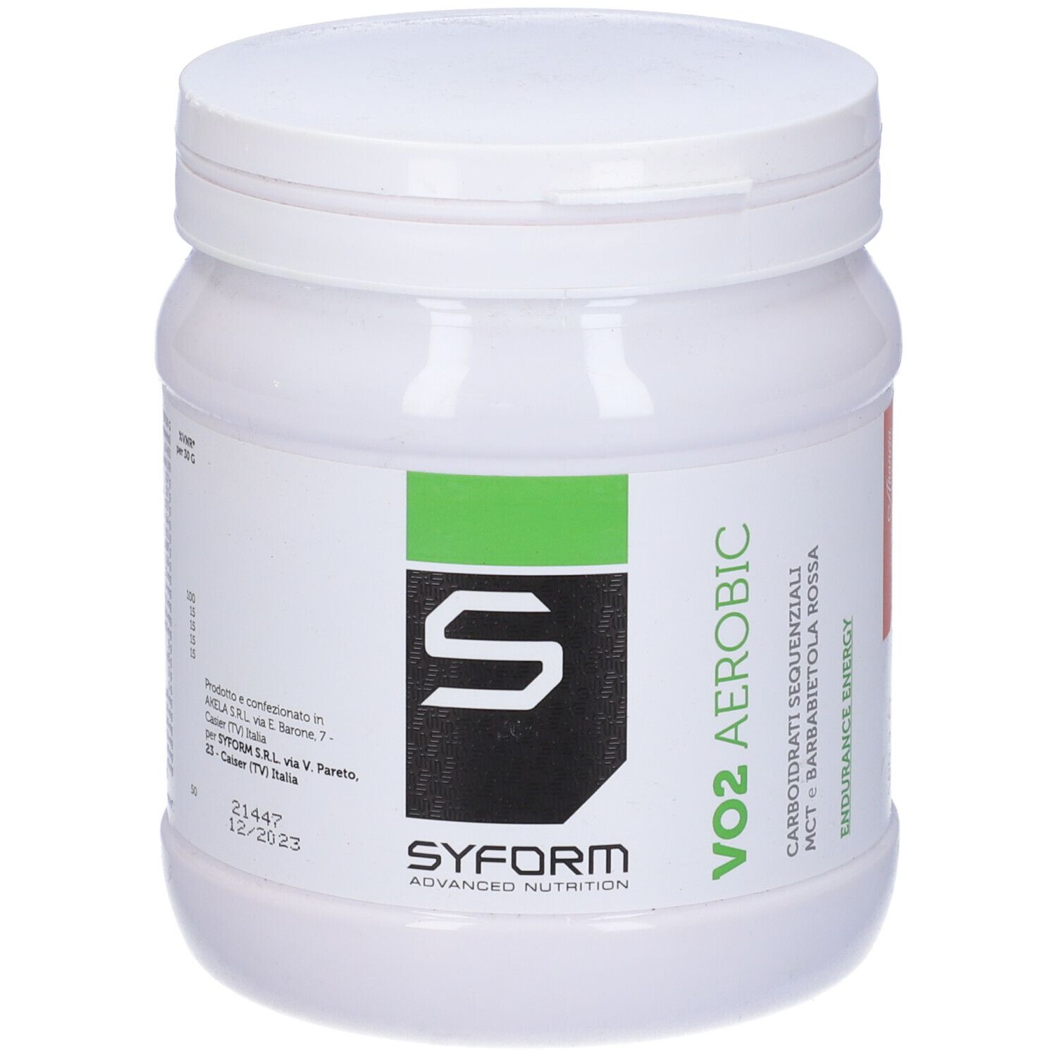 Contenitore bianco cilindrico con etichetta verde e nera. Scritta: VO2 Aerobic, Syform. Contiene carboidrati.