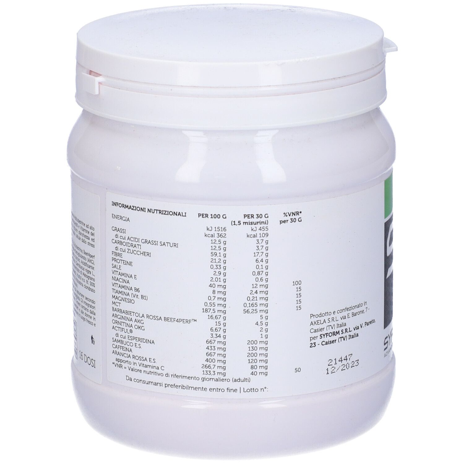 Contenitore bianco cilindrico con informazioni nutrizionali. Scritta: VO2 Aerobic, Syform. Contiene informazioni nutrizionali.