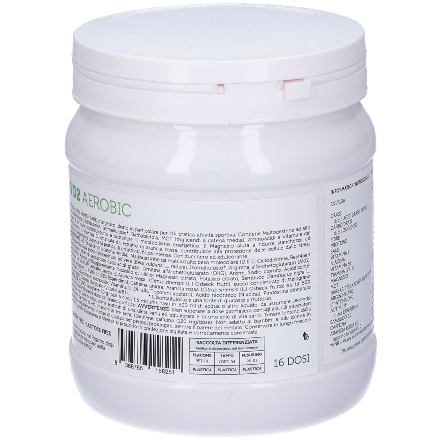 Contenitore bianco cilindrico con testo. Scritta: VO2 Aerobic, Syform. Contiene informazioni sull'uso.