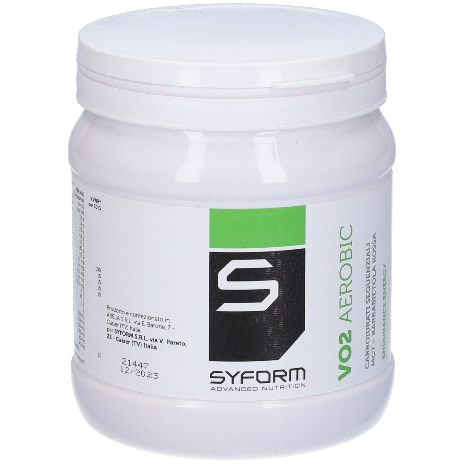 Contenitore bianco cilindrico con etichetta verde e nera. Scritta: VO2 Aerobic, Syform. Contiene carboidrati.