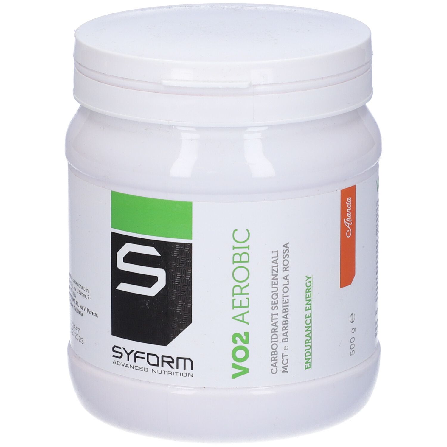 Contenitore bianco cilindrico con etichetta verde e arancione. Scritta: VO2 Aerobic, Syform. Contiene 500 g.