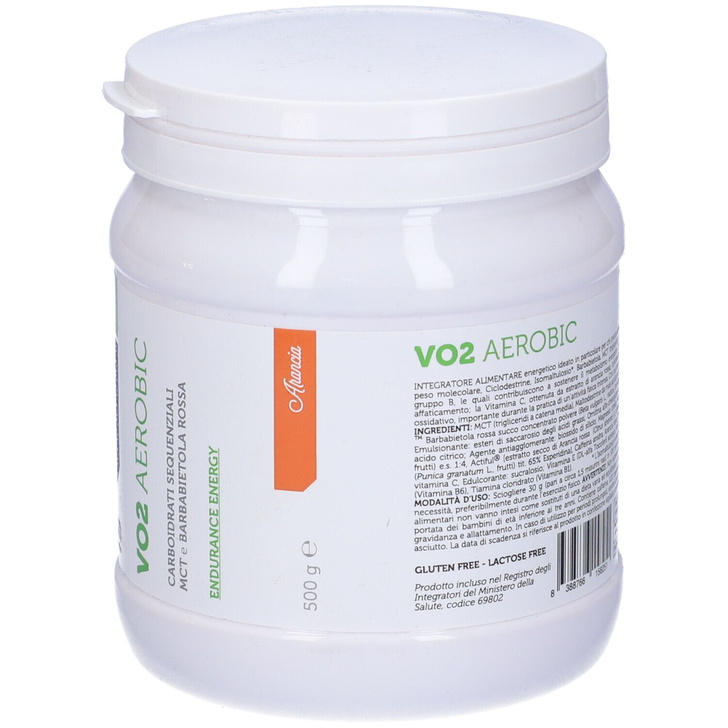 Contenitore bianco cilindrico con etichetta verde e arancione. Scritta: VO2 Aerobic, Syform. Contiene 500 g.