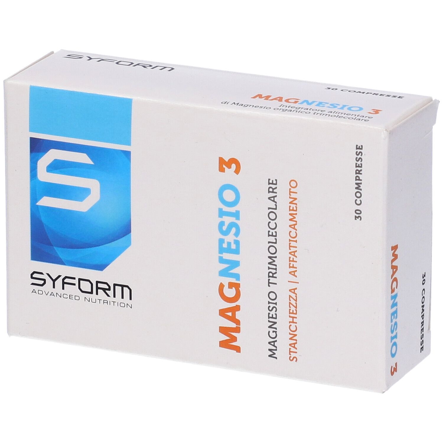 Scatola bianca con testo blu e arancione. Scritto: Magnesio 3, 30 compresse. Marchio: Syform.