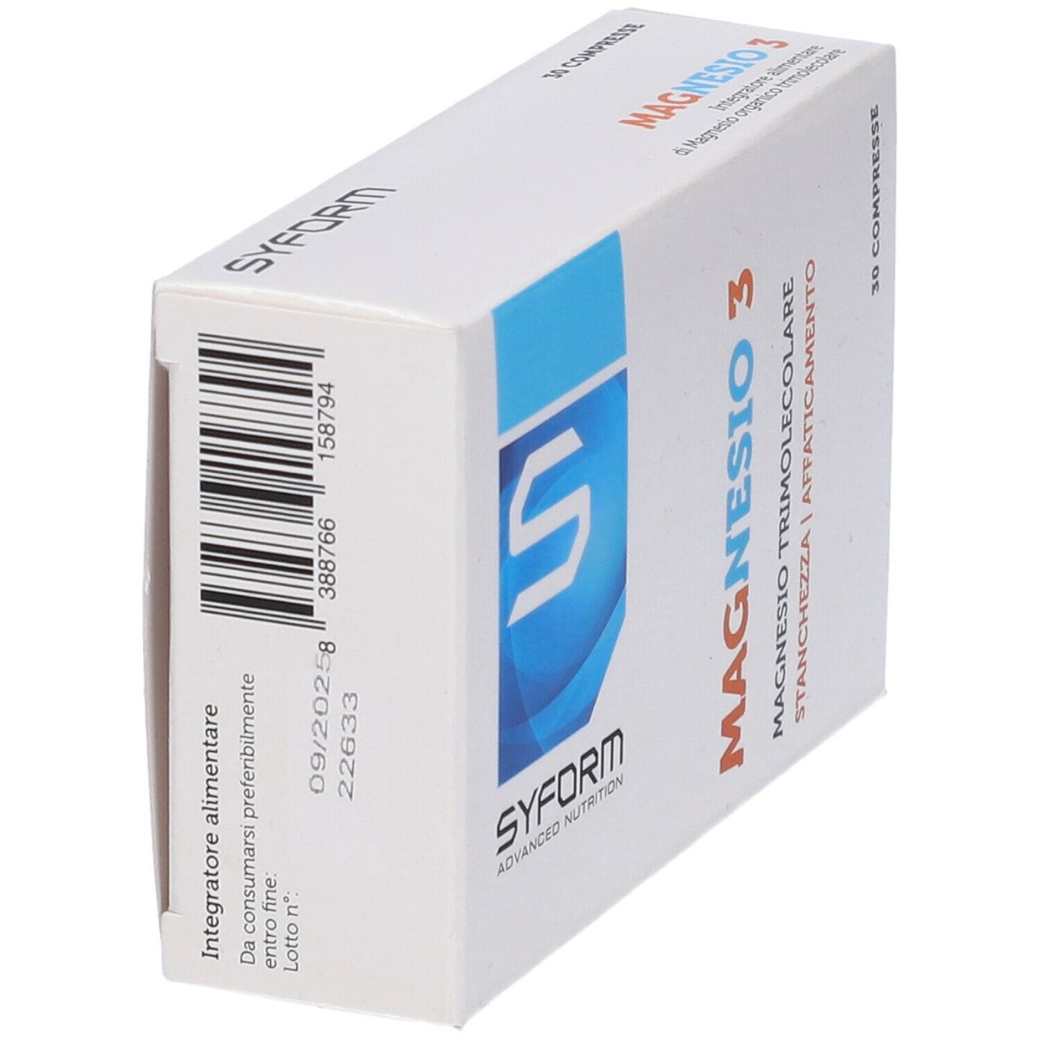 Scatola bianca con testo blu e arancione. Scritto: Magnesio 3, 30 compresse. Marchio: Syform.