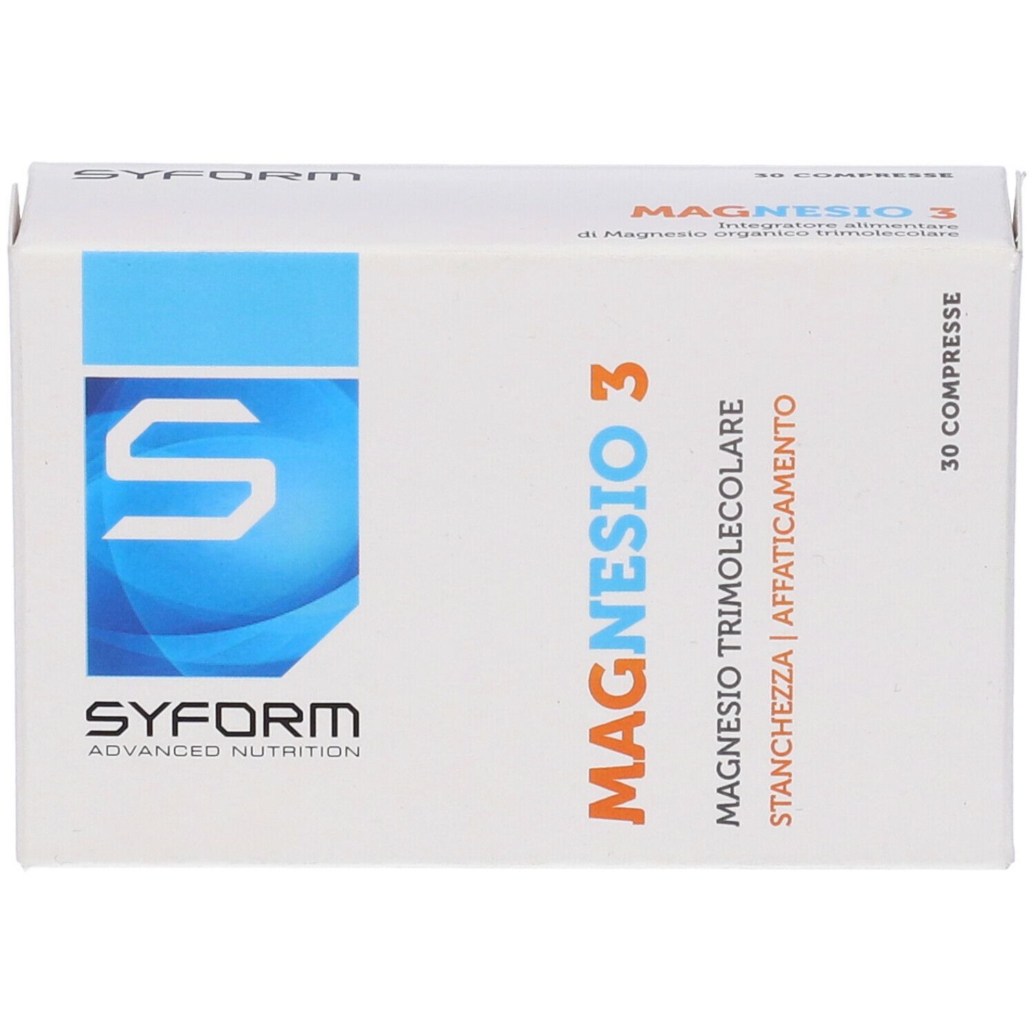 Scatola bianca con testo blu e arancione. Scritto: Magnesio 3, 30 compresse. Marchio: Syform.