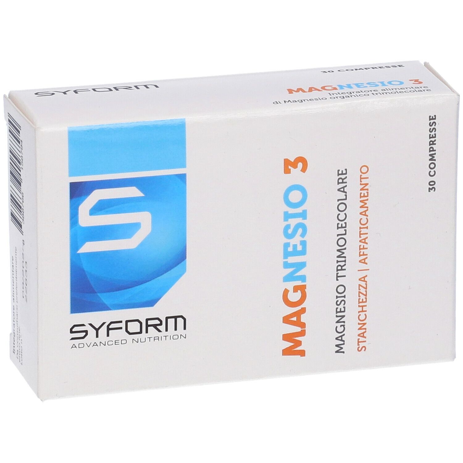 Scatola bianca con testo blu e arancione. Scritto: Magnesio 3, 30 compresse. Marchio: Syform.