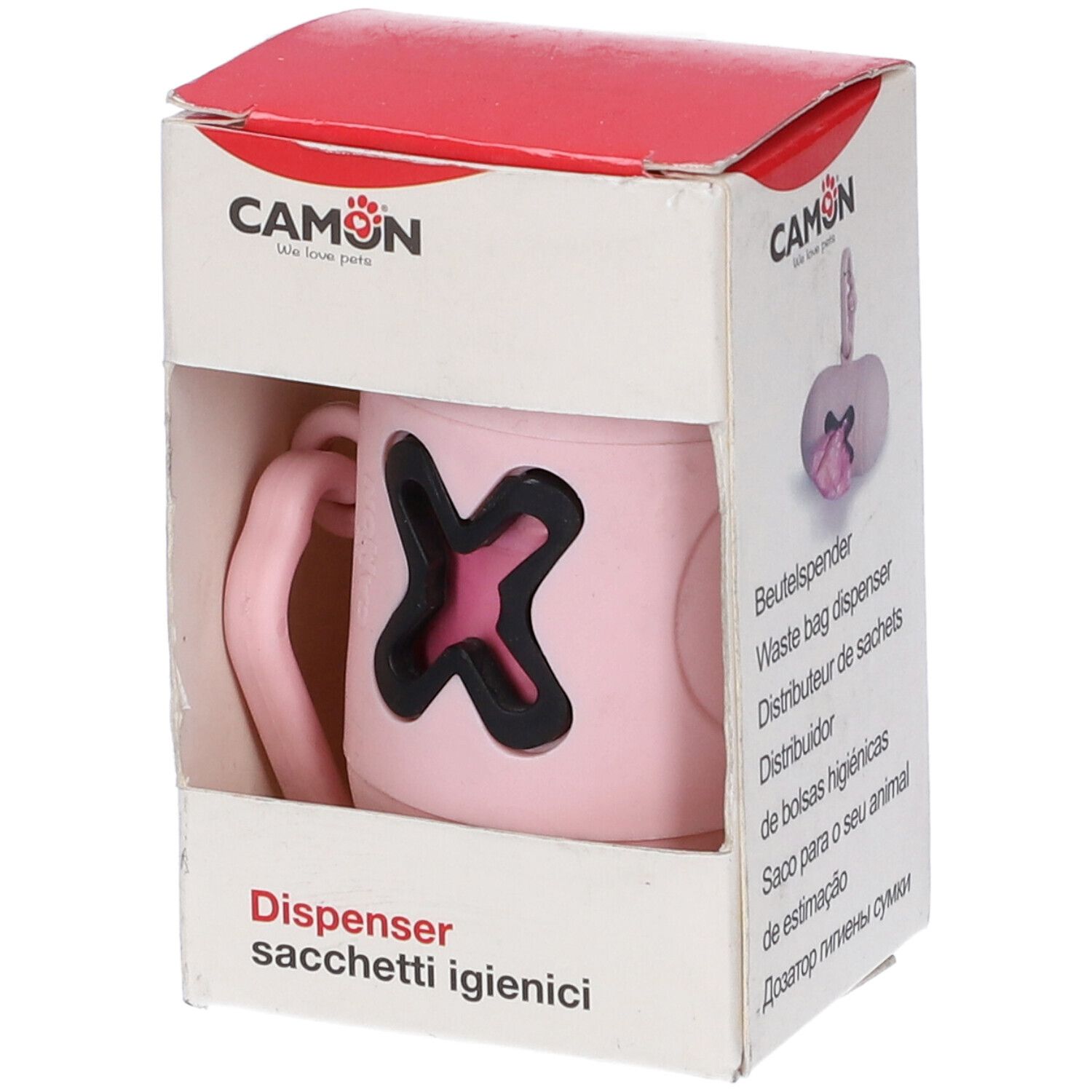Confezione con dispenser rosa. Marchio CAMON. Testo: Dispenser sacchetti igienici.