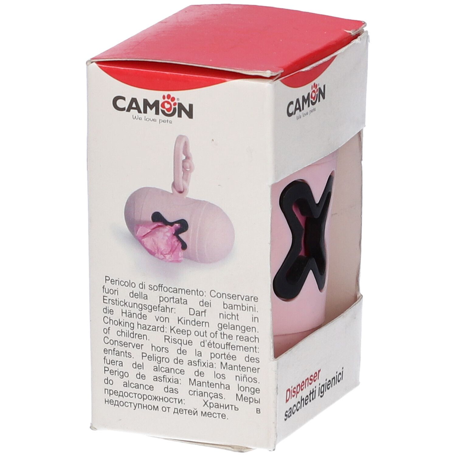 Confezione con dispenser rosa. Marchio CAMON. Avvertenza: Pericolo di soffocamento.