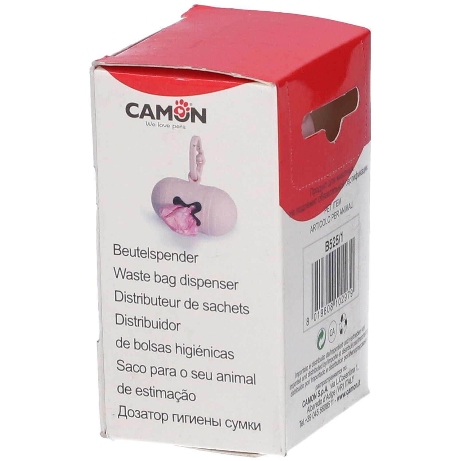 Confezione con dispenser rosa. Marchio CAMON. Testo: Distributore di sacchetti, Waste bag dispenser.