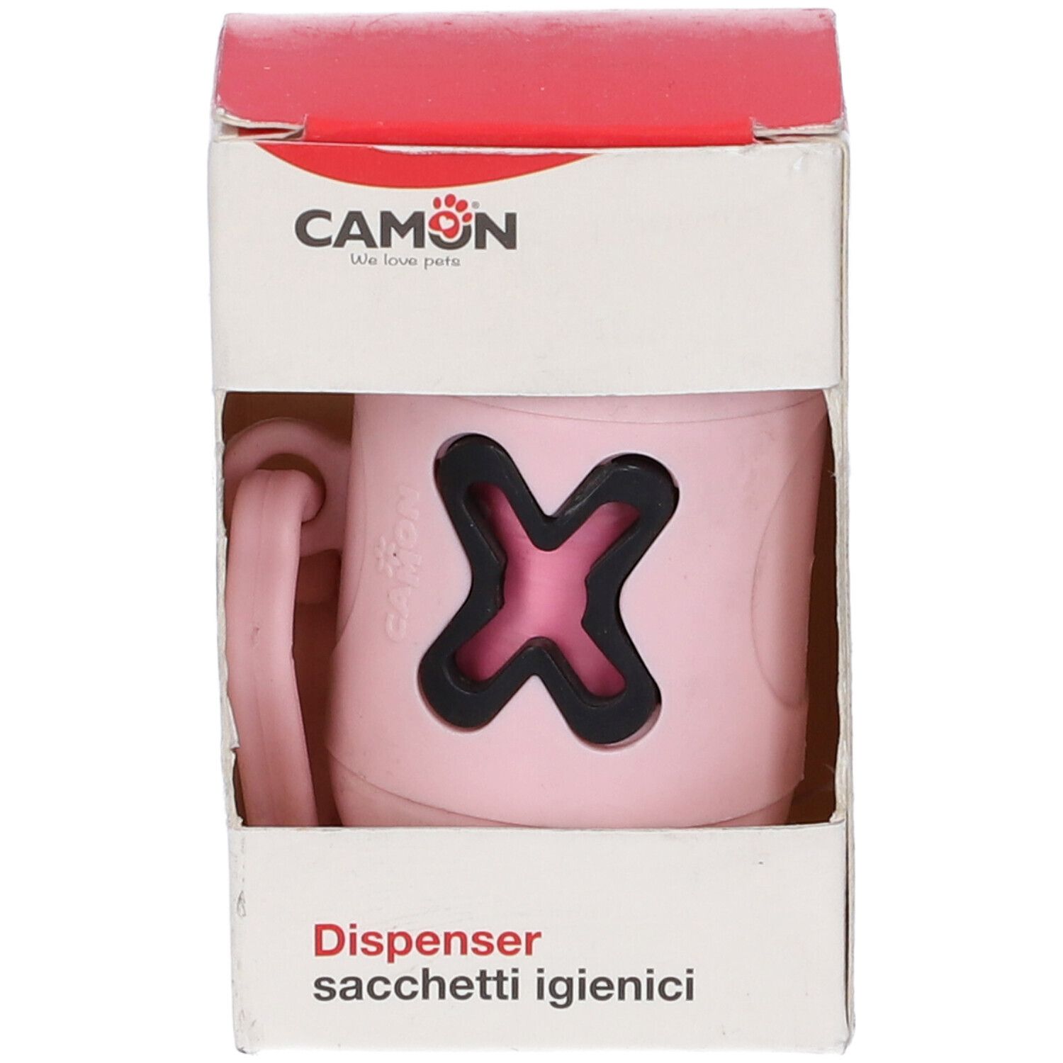 Confezione con dispenser rosa. Marchio CAMON. Testo: Dispenser sacchetti igienici.