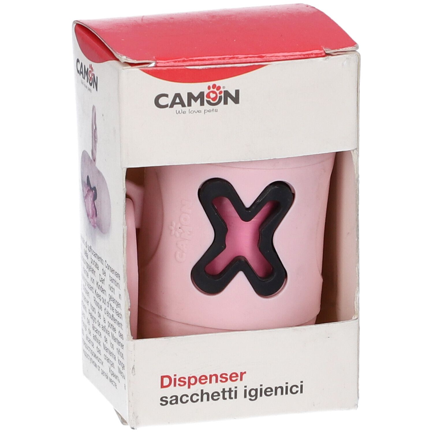 Confezione con dispenser rosa. Marchio CAMON. Testo: Dispenser sacchetti igienici.