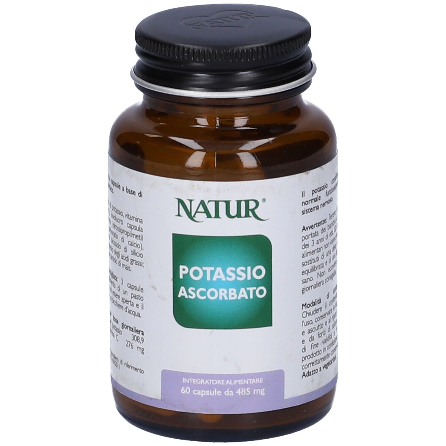 Flacone di vetro marrone con tappo nero. Etichetta con nome del prodotto e logo. 60 capsule.