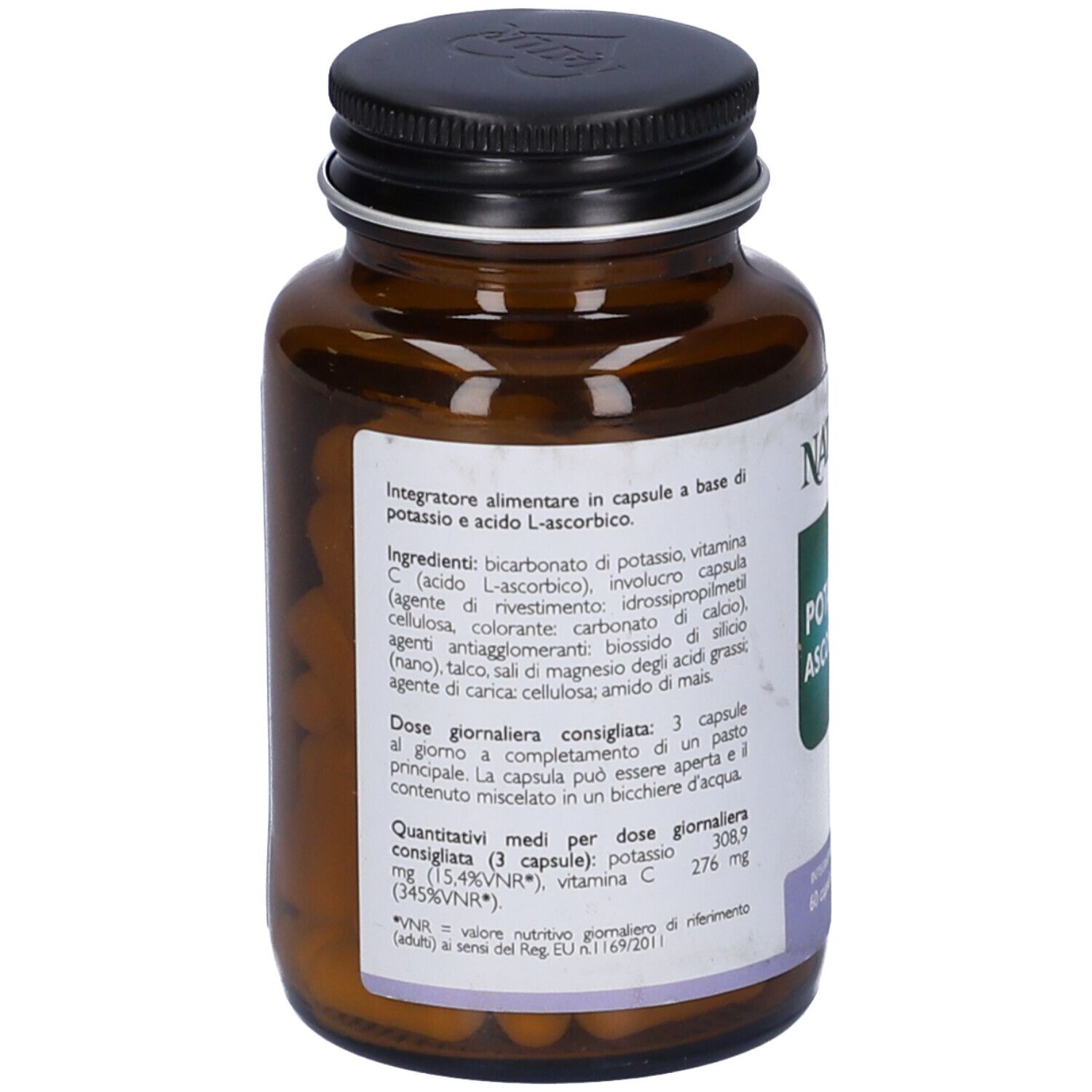 Flacone di vetro marrone con tappo nero. Retro con ingredienti e dosaggio. 60 capsule.