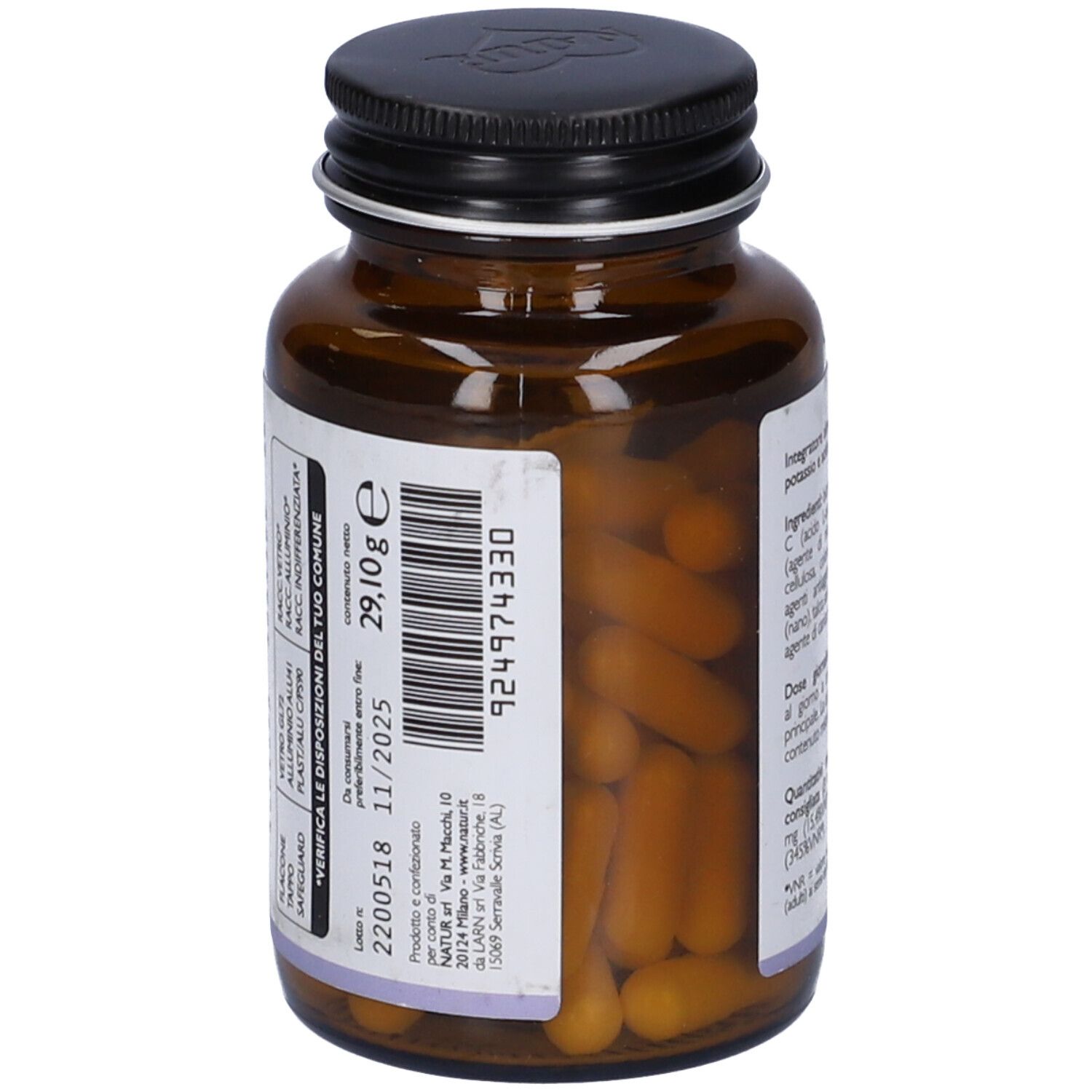 Flacone di vetro marrone con tappo nero. Etichetta con data di scadenza e numero di lotto. 60 capsule.