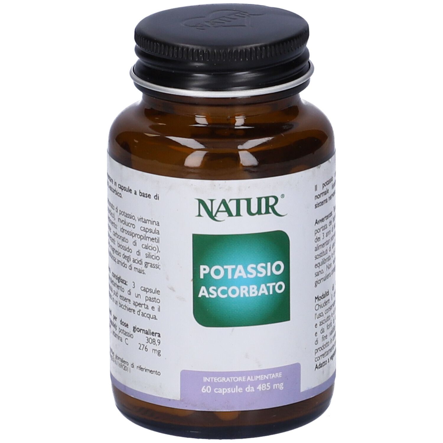 Flacone di vetro marrone con tappo nero. Etichetta con nome del prodotto e logo. 60 capsule.