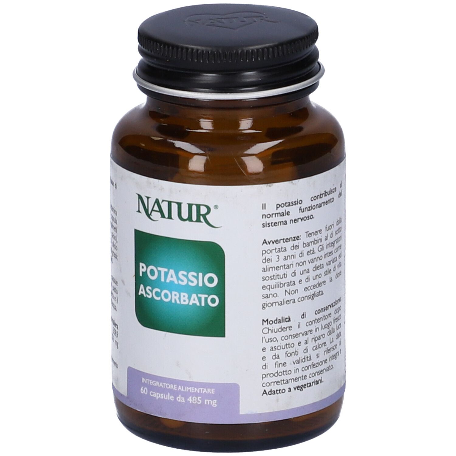Flacone di vetro marrone con tappo nero. Etichetta con nome del prodotto e logo. 60 capsule.